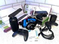 Computing Electronics - Computer Keyboards, Red5 Headset, 3x Xbox Controllers, Earbuds, 2x Speake...