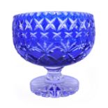 English Blue Overlay Crystal Footed Bowl c.1950