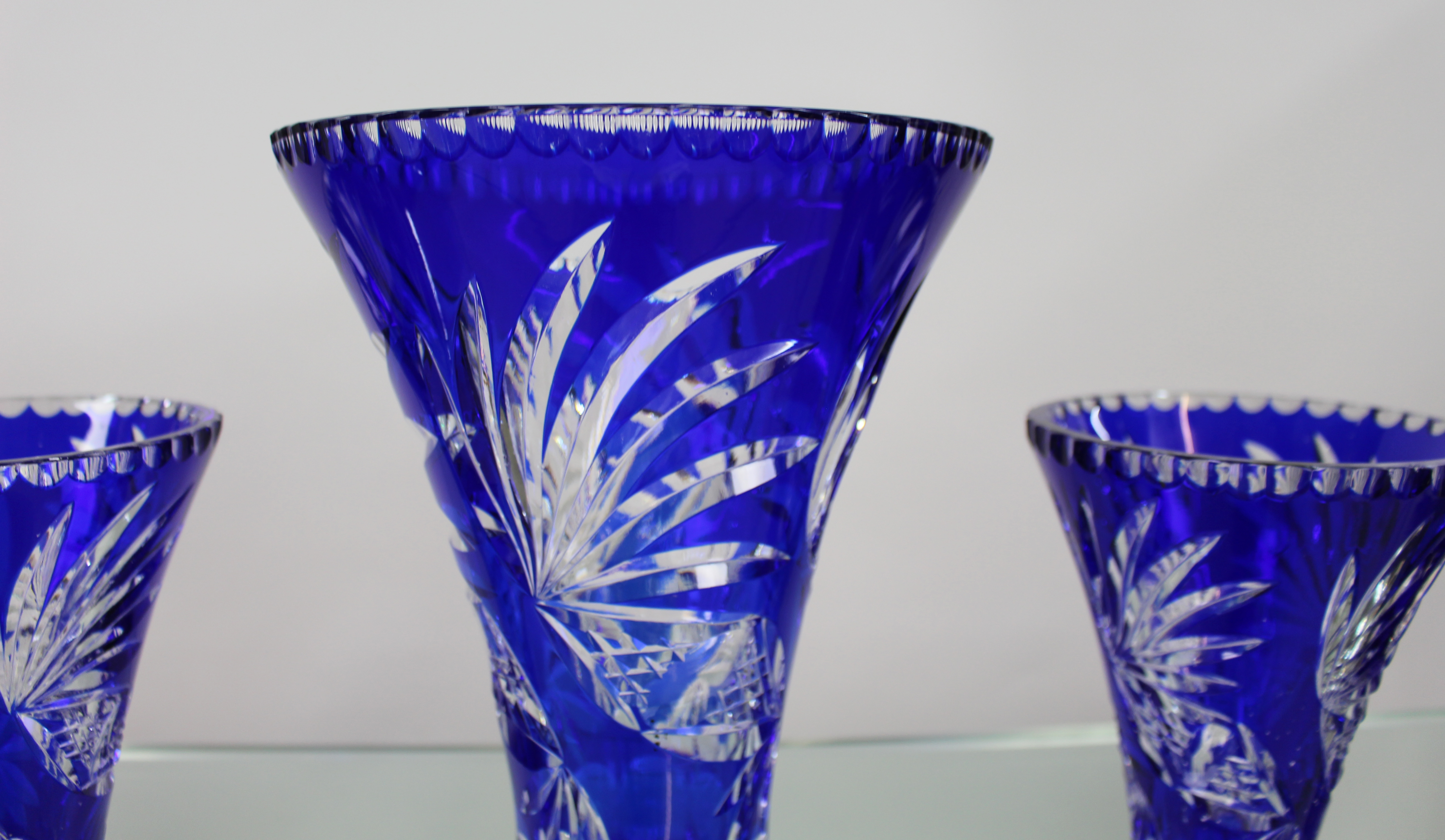 Fine Vintage Cobalt Blue Overlay Crystal Trio of Vases - Image 3 of 7