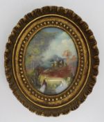 Miniature Hand Painted Landscape Set in Oval Gilt Frame
