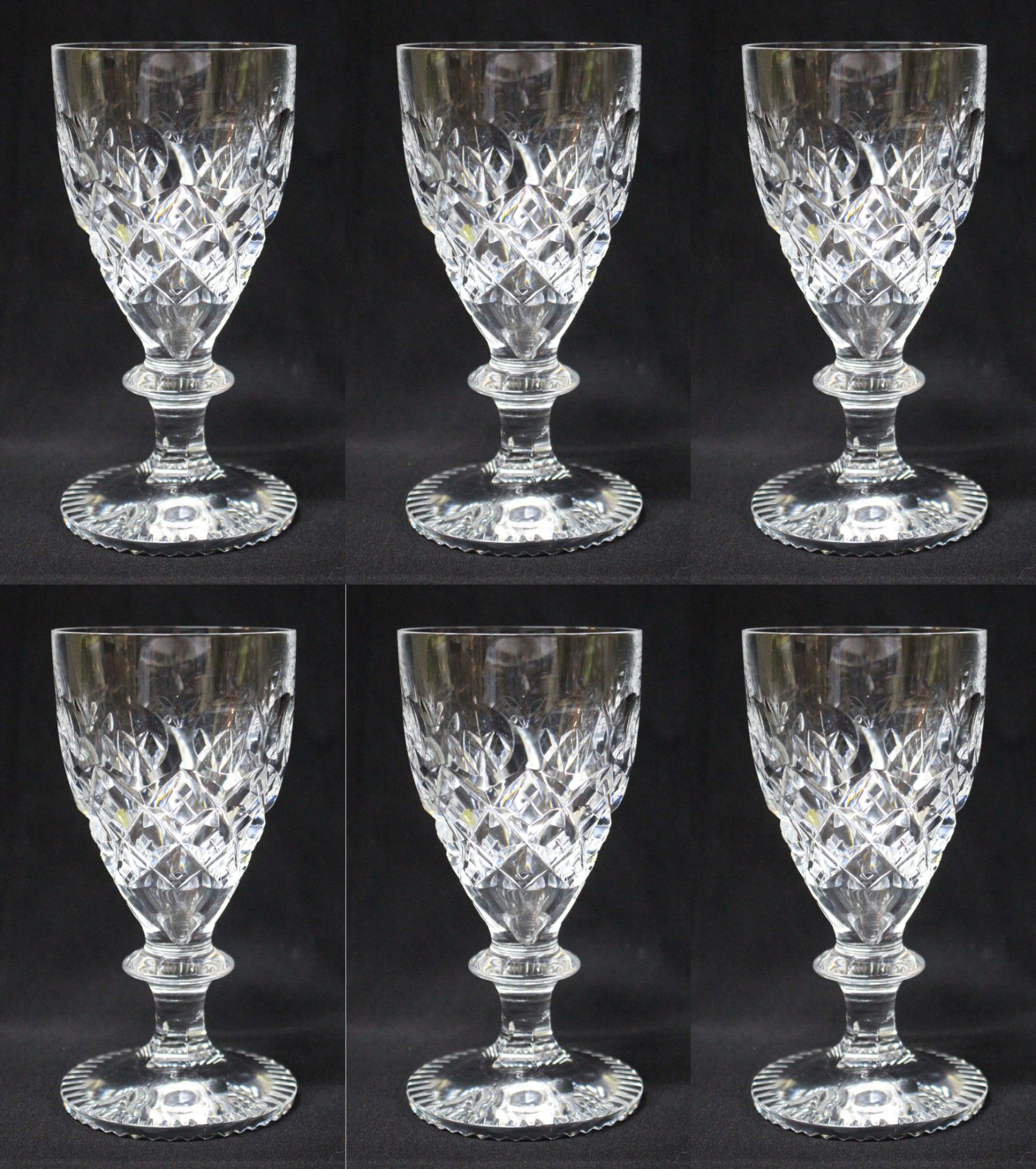 Set of 6 Heavy Cut Glass English Wine Glasses