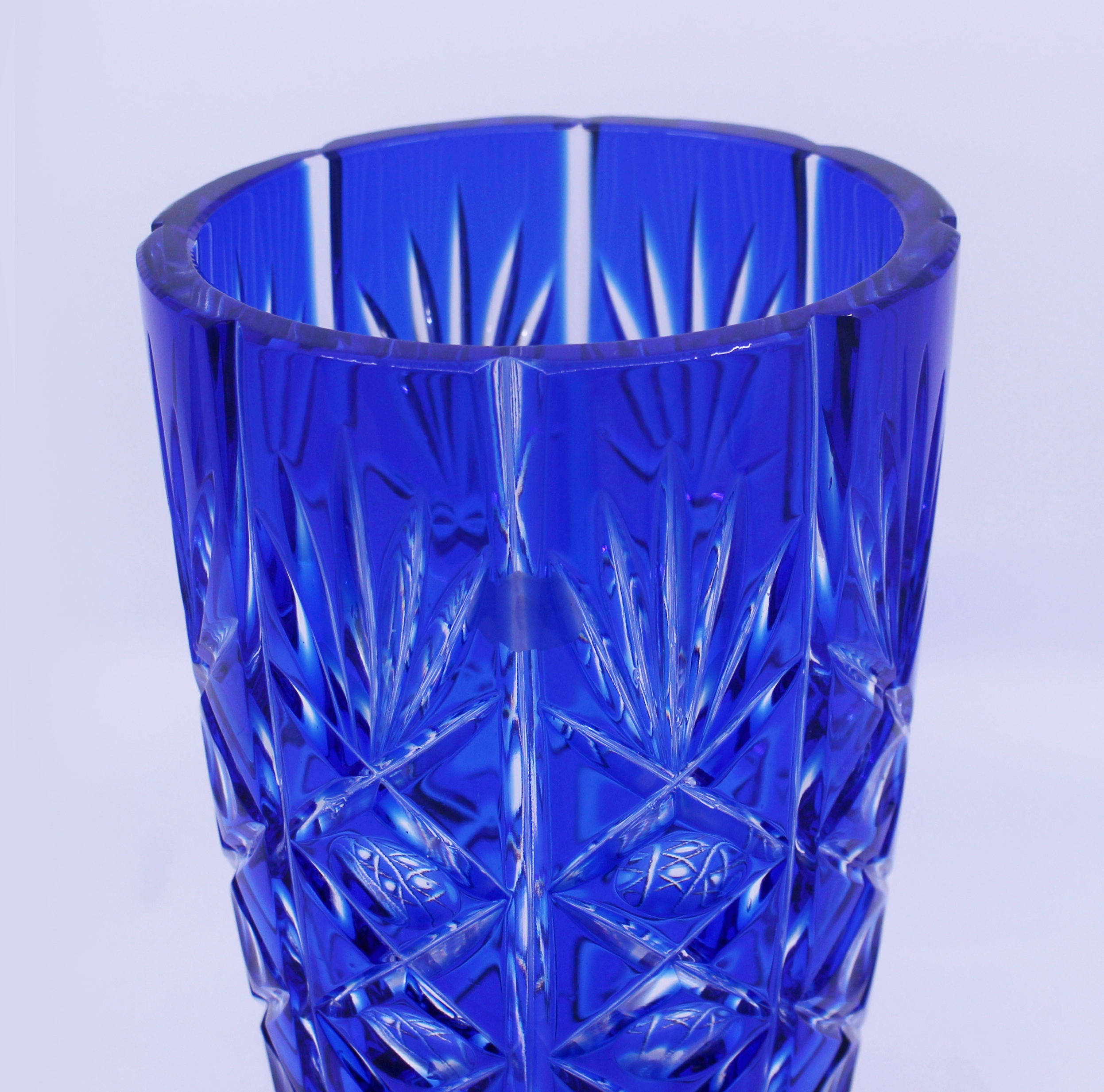 English Vintage Blue Overlay Crystal Glass Vase - Image 3 of 6