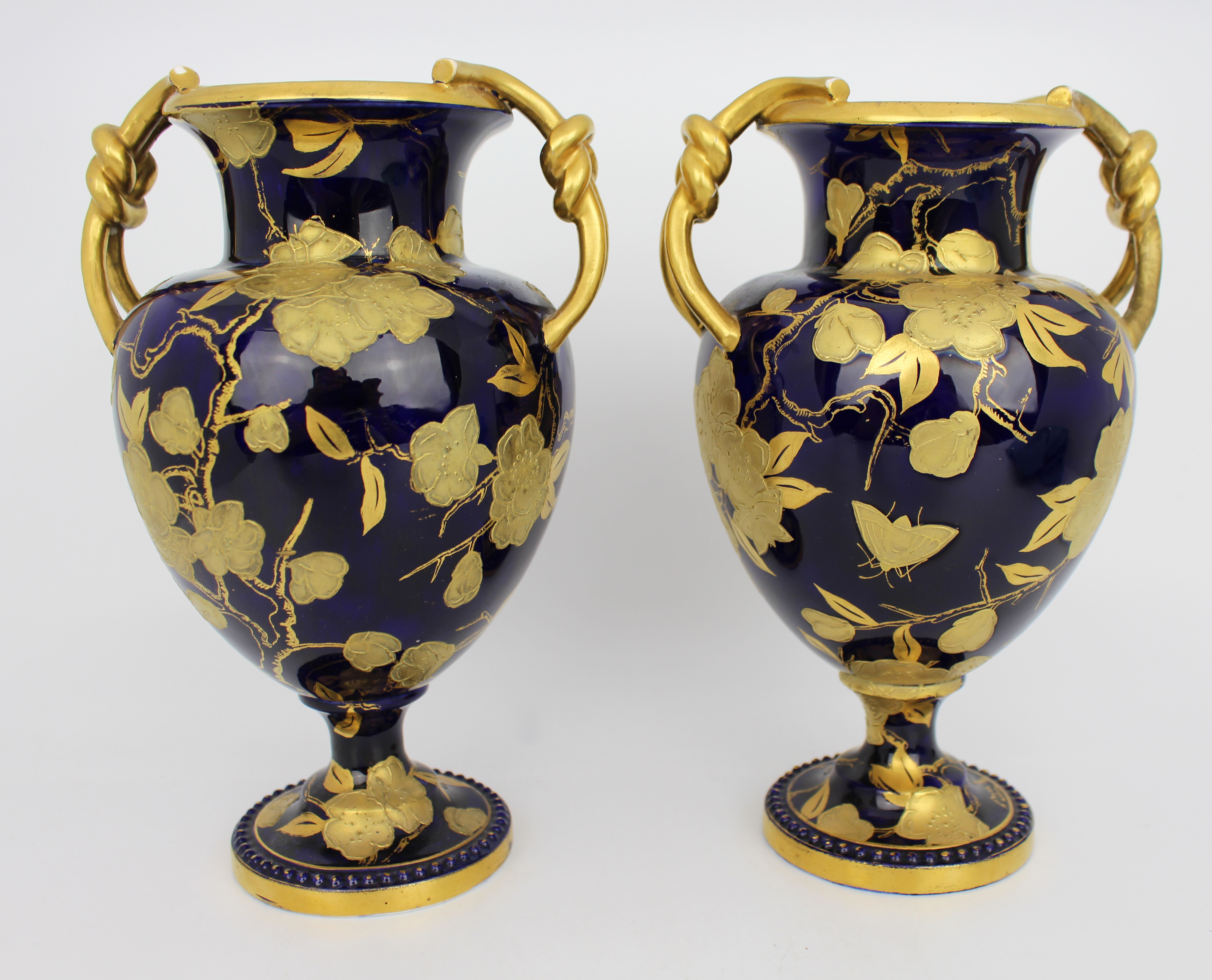 Pair of Fine Cobalt Blue Davenport Gilded Vases c.1880