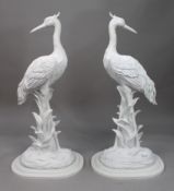 Pair of White Pained Composite Crane Bird Sculptures