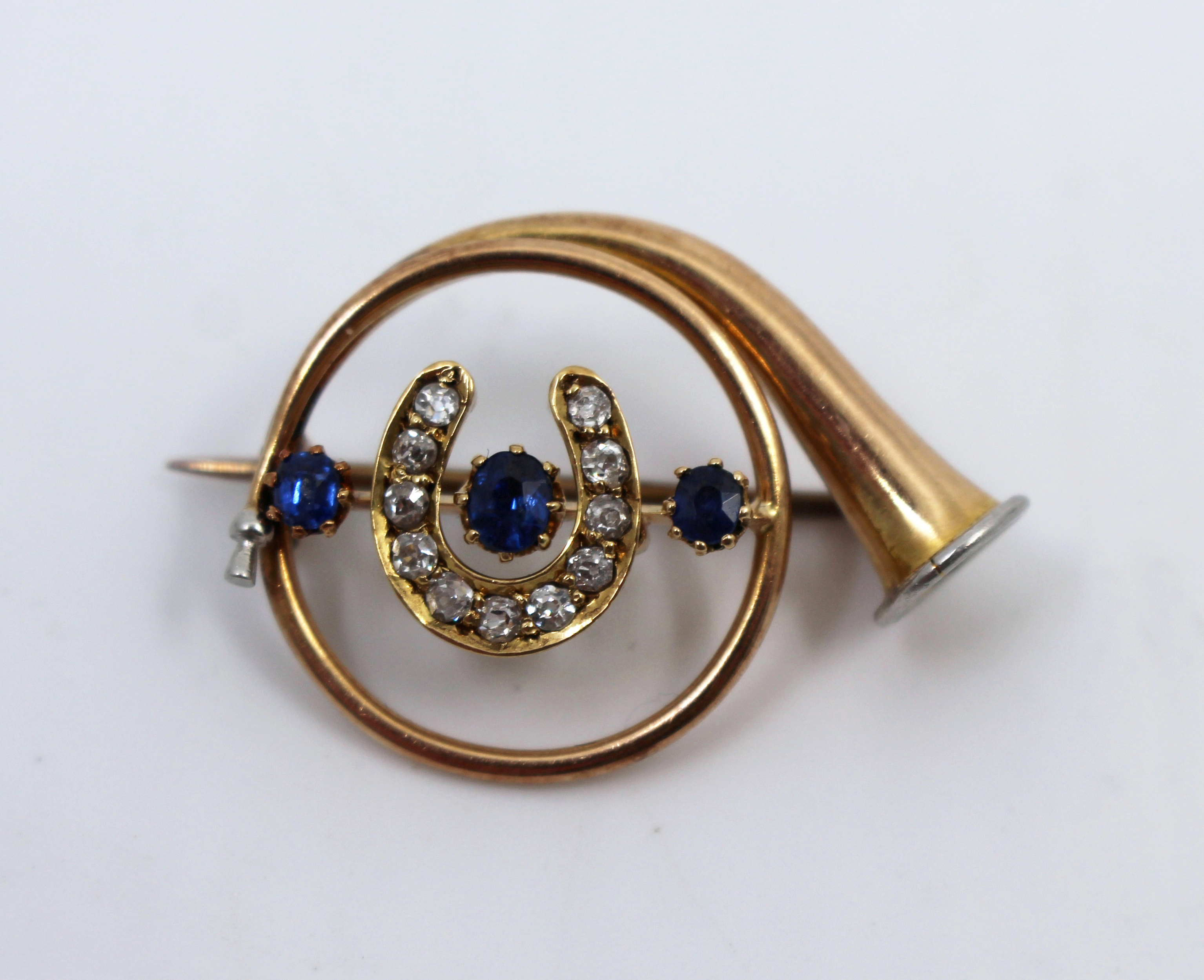 Edwardian Diamond & Sapphire Gold Hunting Horn Brooch