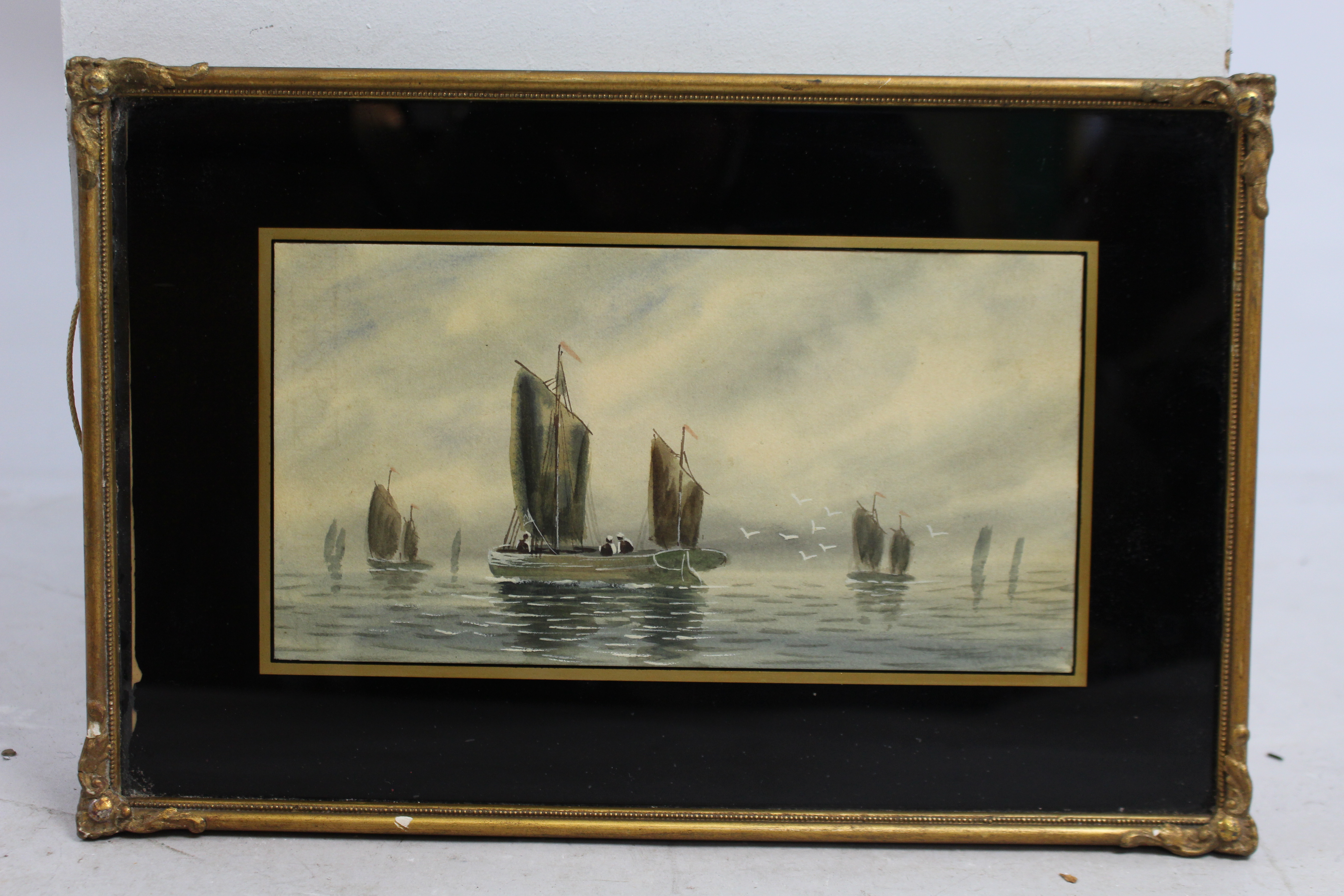 Late Victorian Boats Watercolour with Verre Eglomise Surround