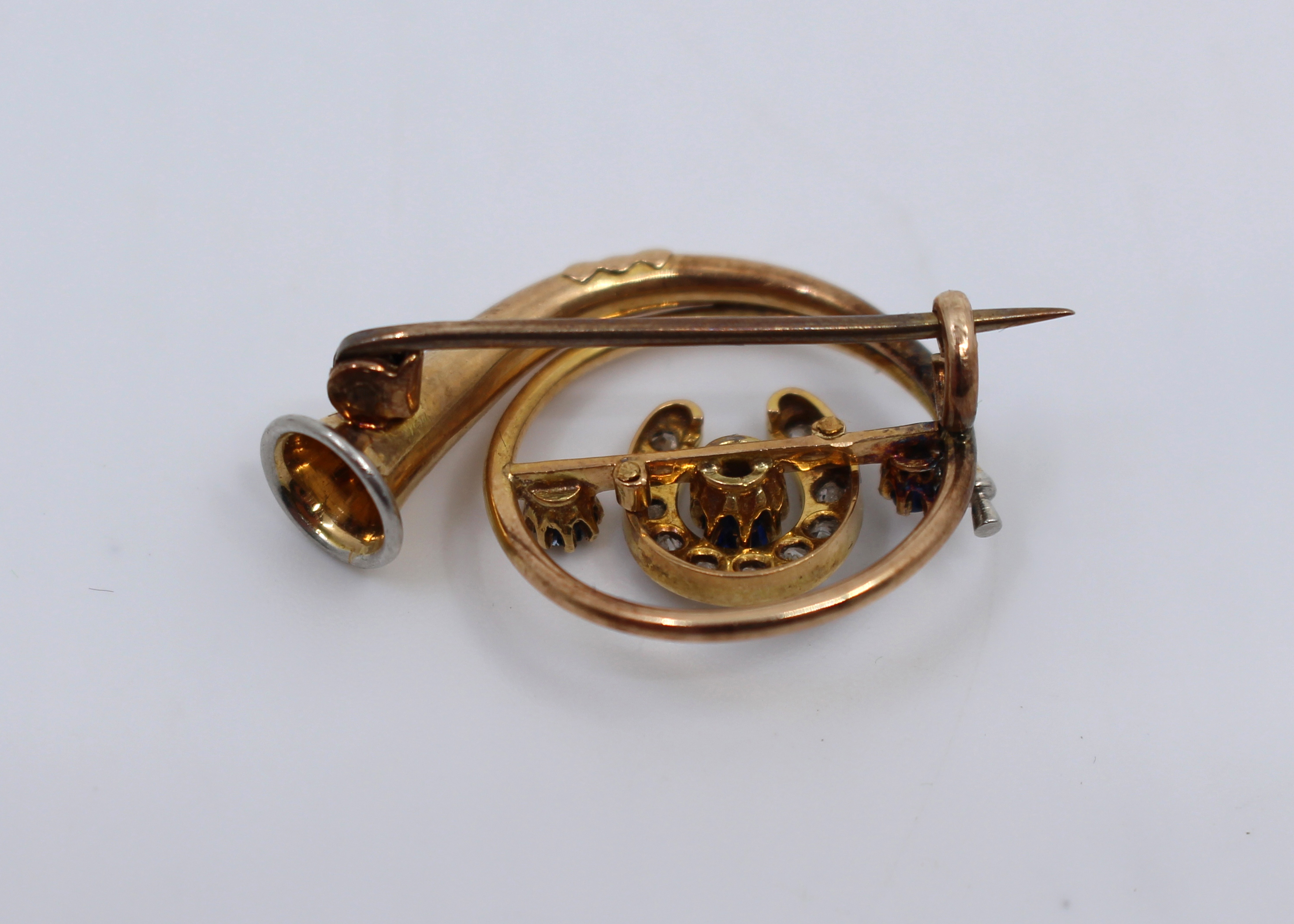 Edwardian Diamond & Sapphire Gold Hunting Horn Brooch - Image 2 of 2