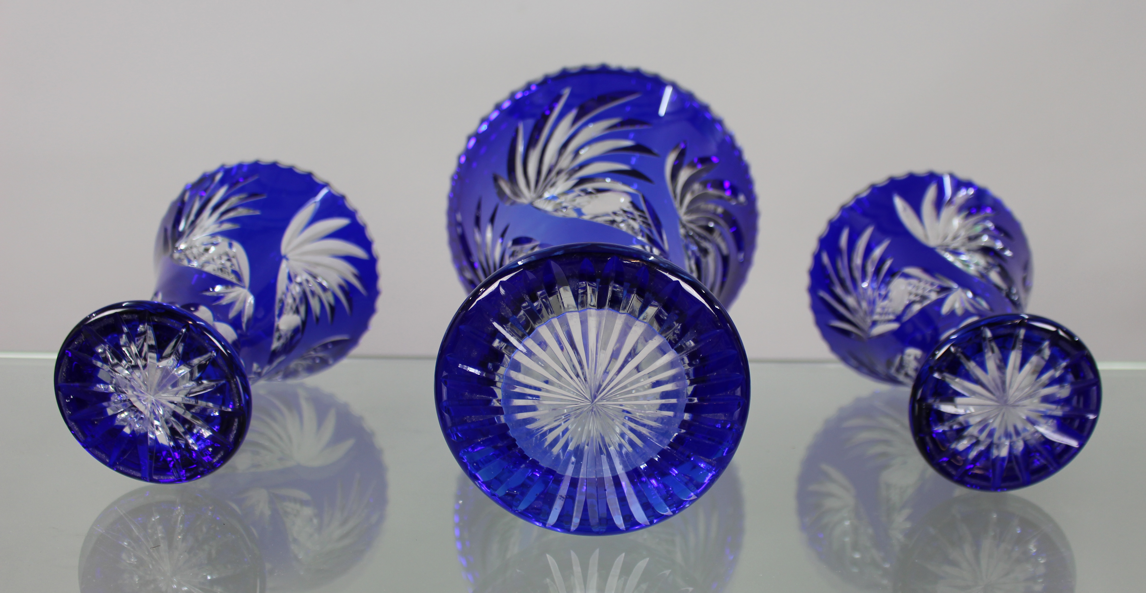 Fine Vintage Cobalt Blue Overlay Crystal Trio of Vases - Image 7 of 7