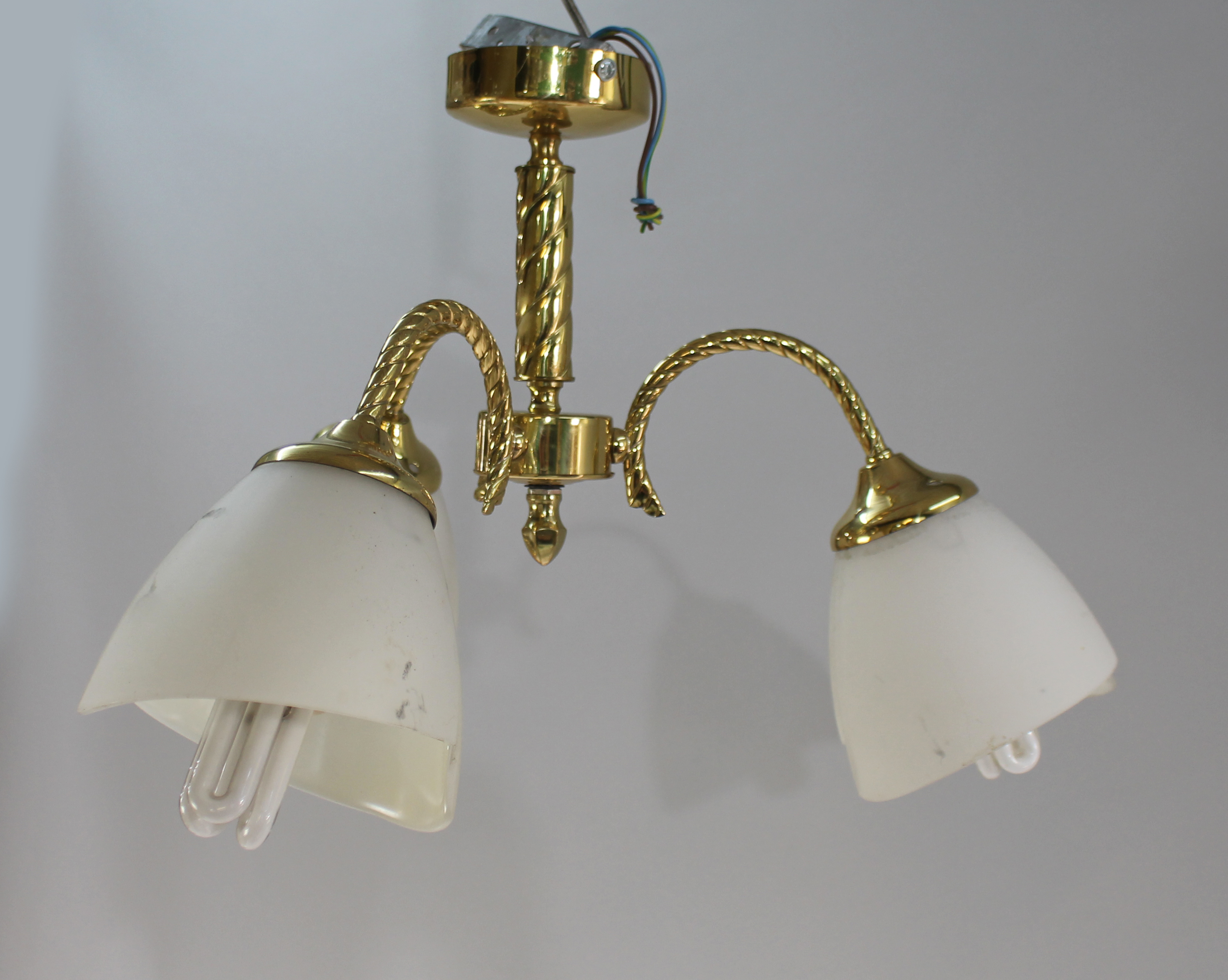 Pair of Three Arm Gold Plated Chandelier with Glass Shades - Image 2 of 2