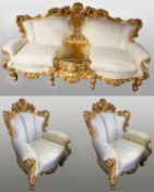 Fine Ornate Italian Silk Three Piece Giltwood Suite