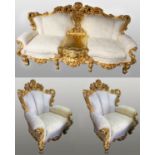 Fine Ornate Italian Silk Three Piece Giltwood Suite