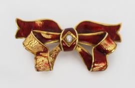18ct Gold Enamel Pearl Bow Form Brooch