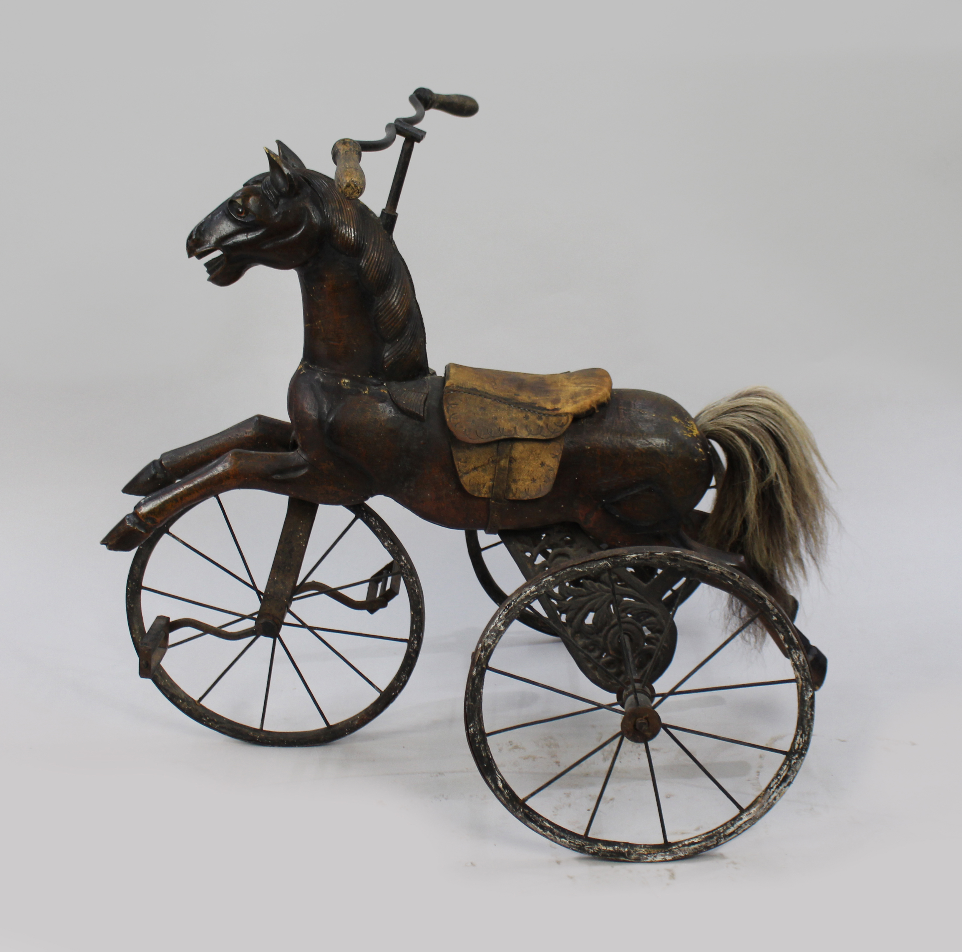 Early 20th c. Carved Wooden Horse on Tricycle - Image 4 of 5