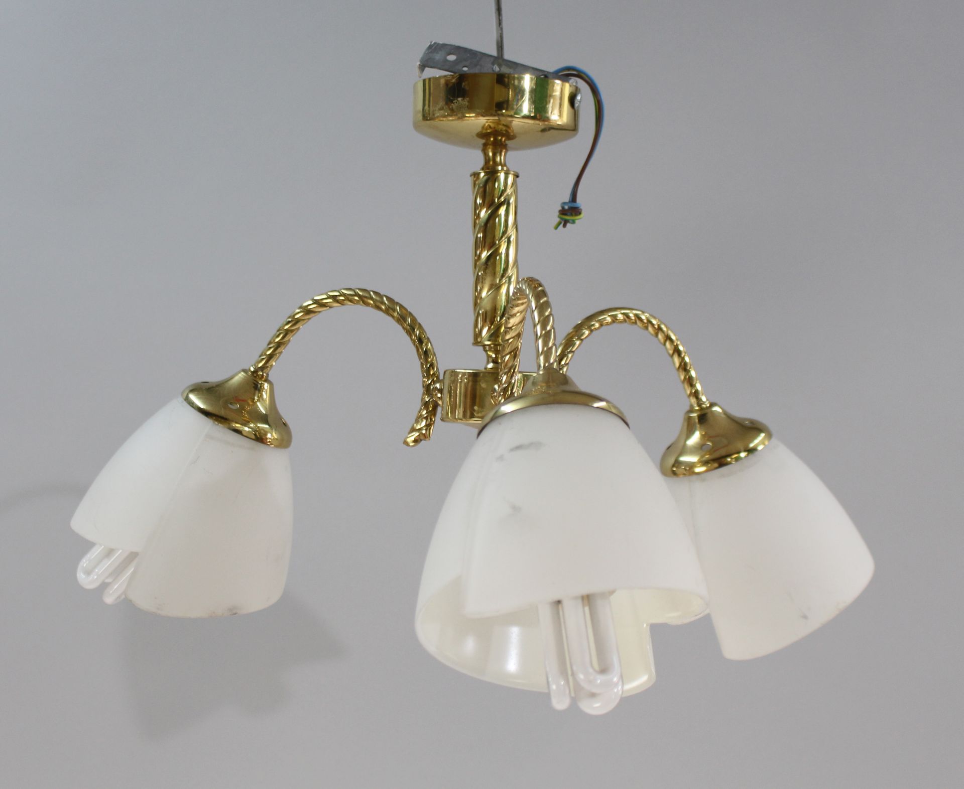 Pair of Three Arm Gold Plated Chandelier with Glass Shades