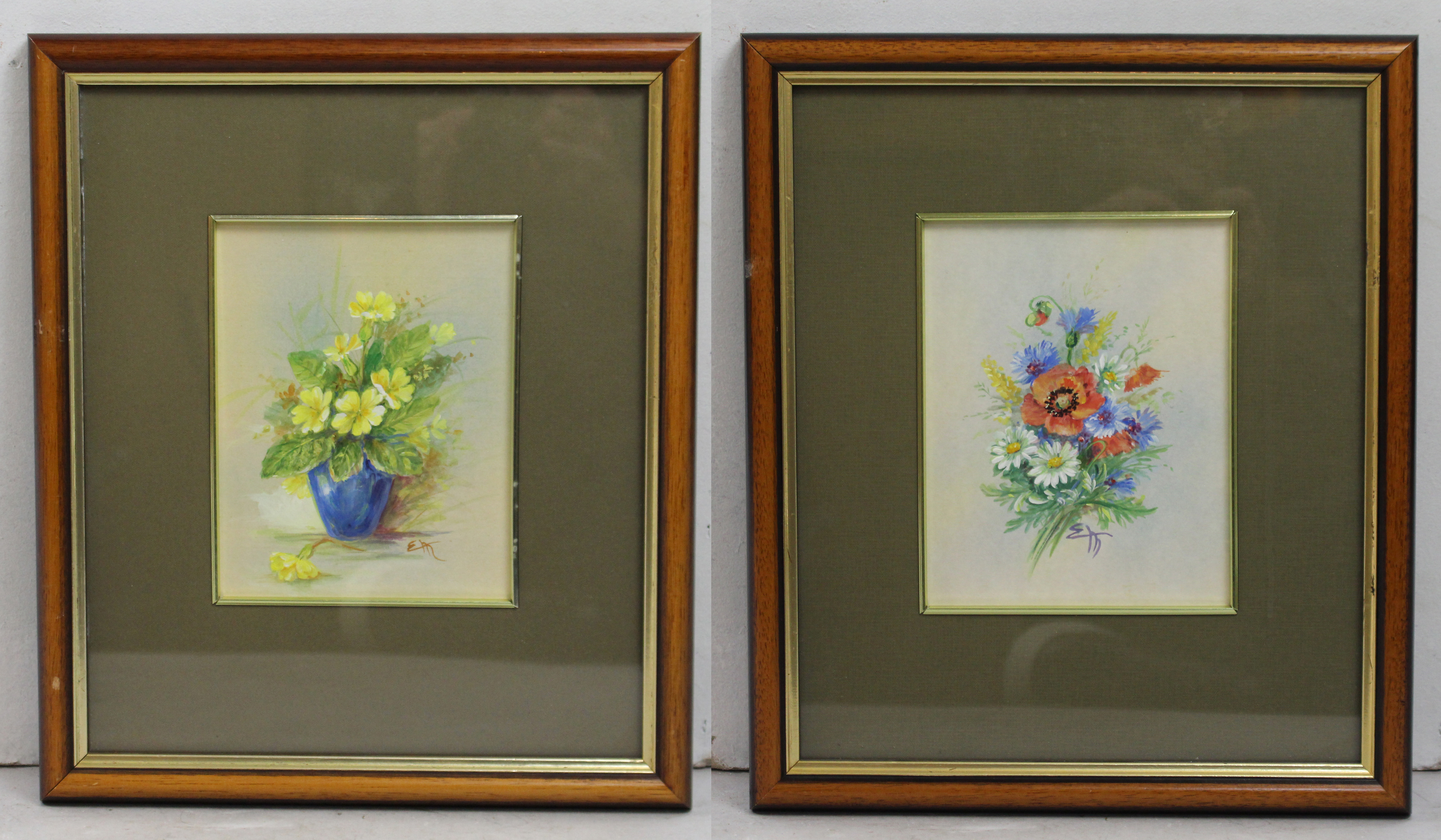 Pair of Water & Gouache Still Life Flowers Framed