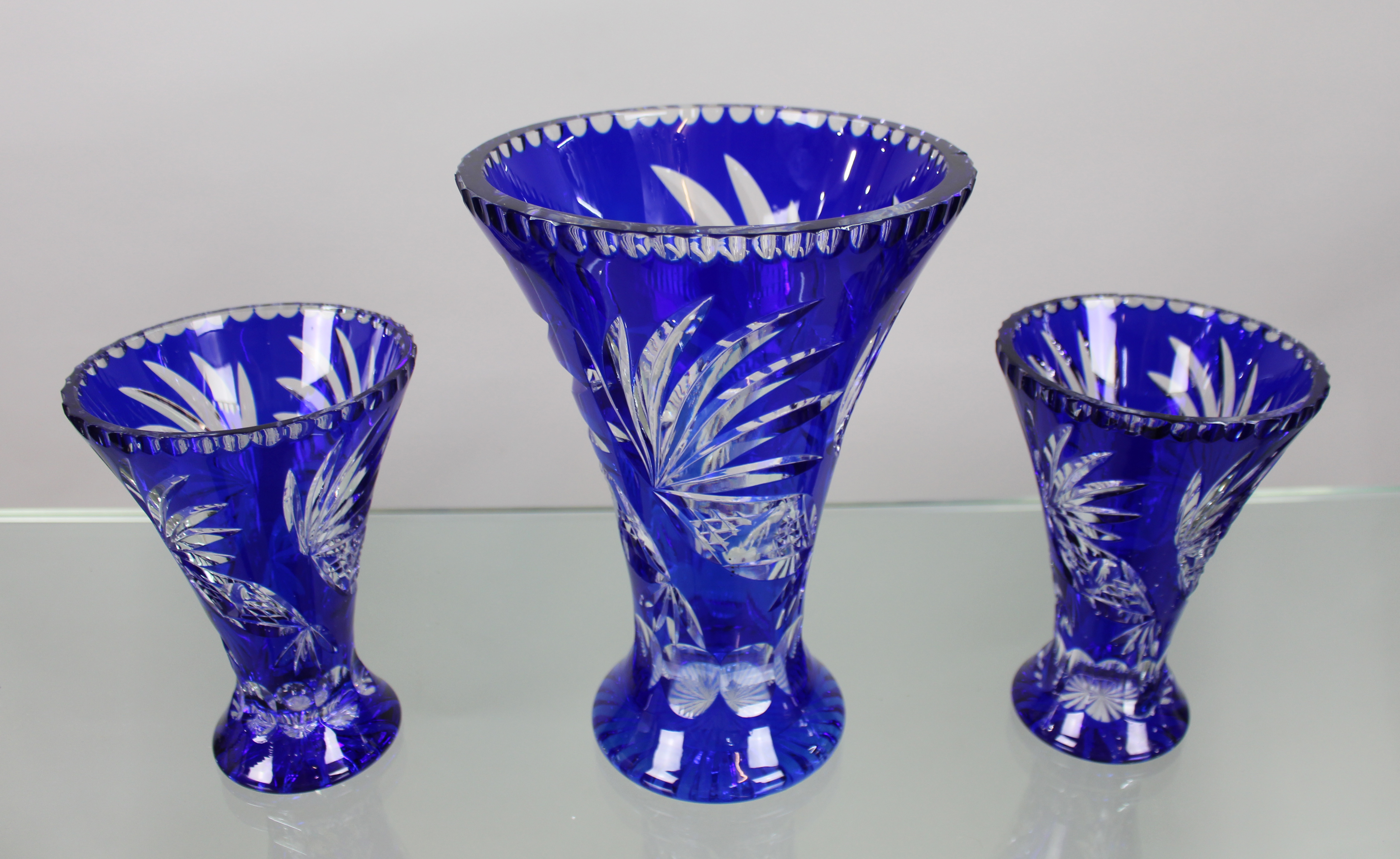 Fine Vintage Cobalt Blue Overlay Crystal Trio of Vases - Image 2 of 7