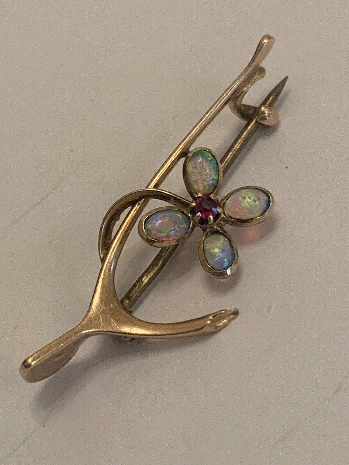 Fine Victorian 15ct Gold Natural Cabouchon Opal & Ruby Lucky Wishbone Brooch