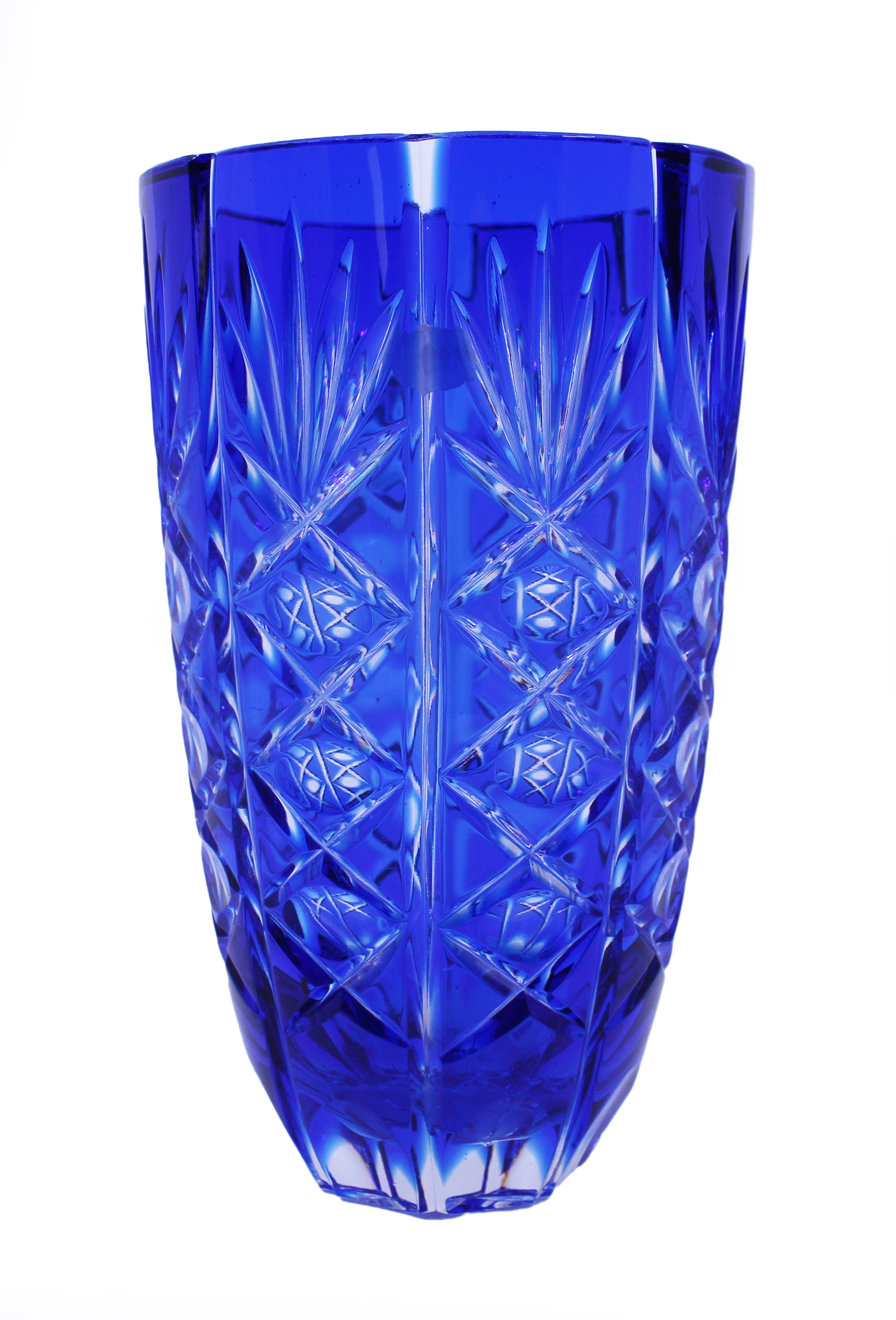 English Vintage Blue Overlay Crystal Glass Vase