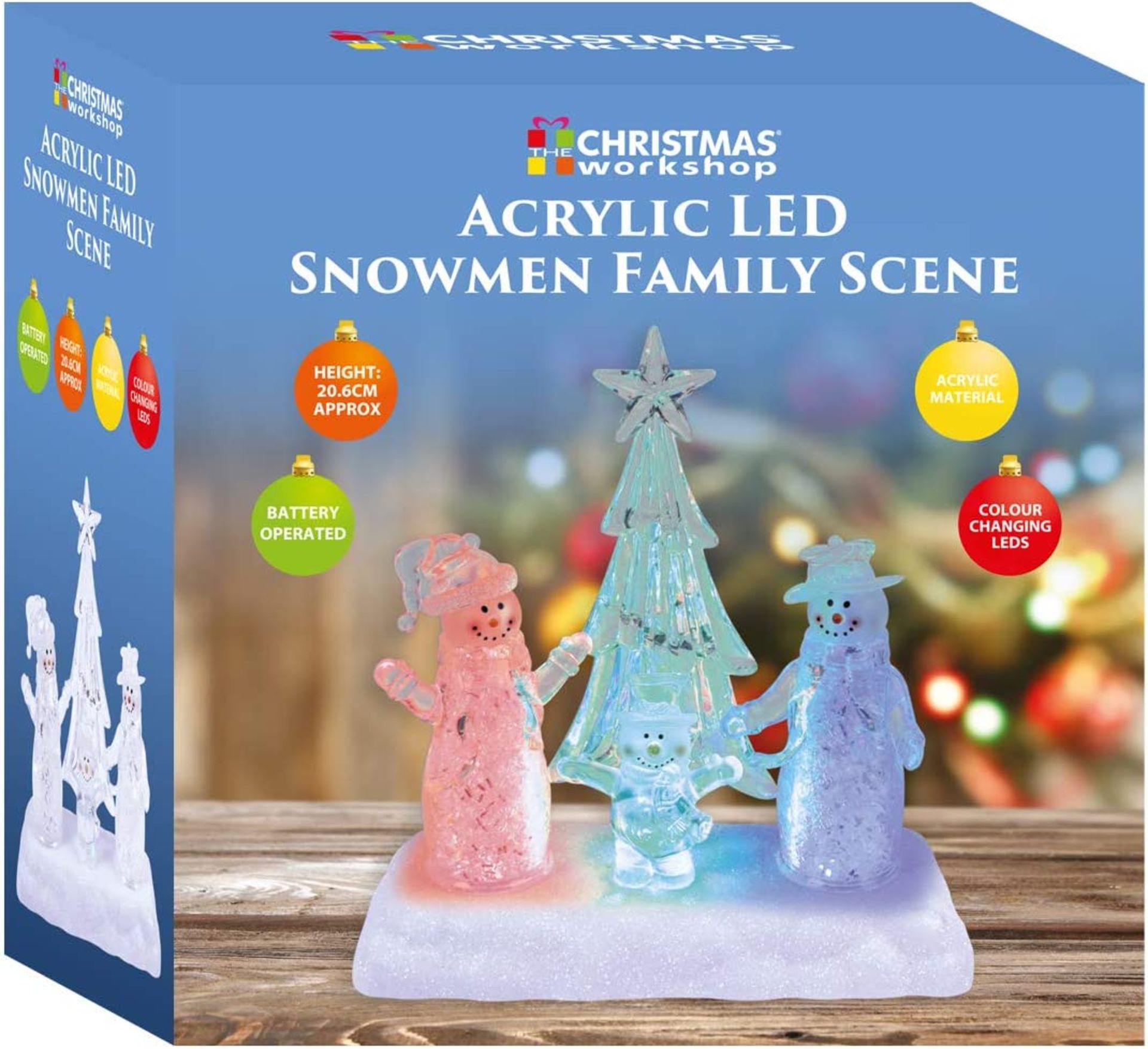 Christmas Workshop Acrylic Snowman Family Scene, Colour Changing LED Lights, Indoor