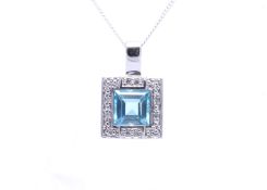 9ct White Gold Blue Topaz Diamond Cluster Pendant 0.04