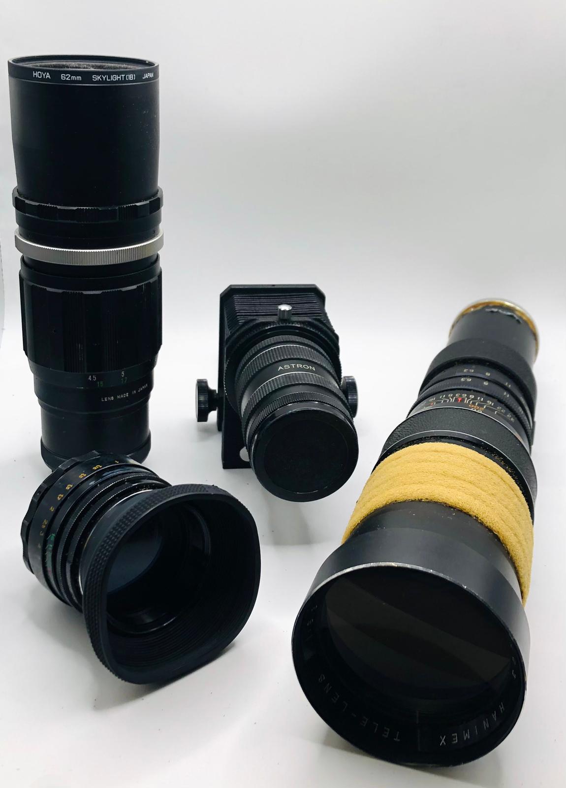 Job lot of Vintage Camera Lens with 2 cases - Hanimex 400mm, soligor 250mm, Helios 44-2, Astron Ma..