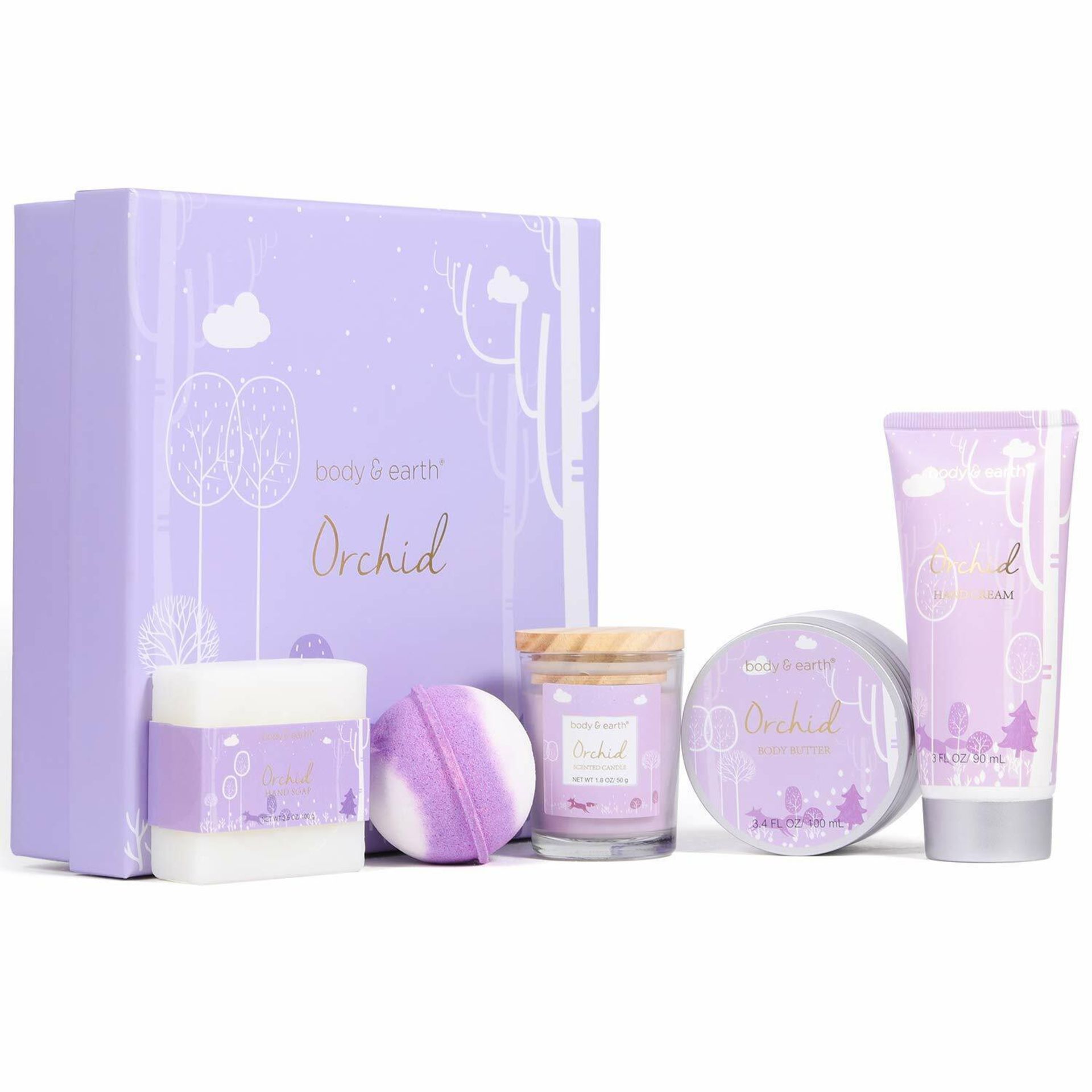 Body & Earth Pamper Gifts for Women, 5 Pcs Orchid Bath Spa Gift Set Includes Scented Candle