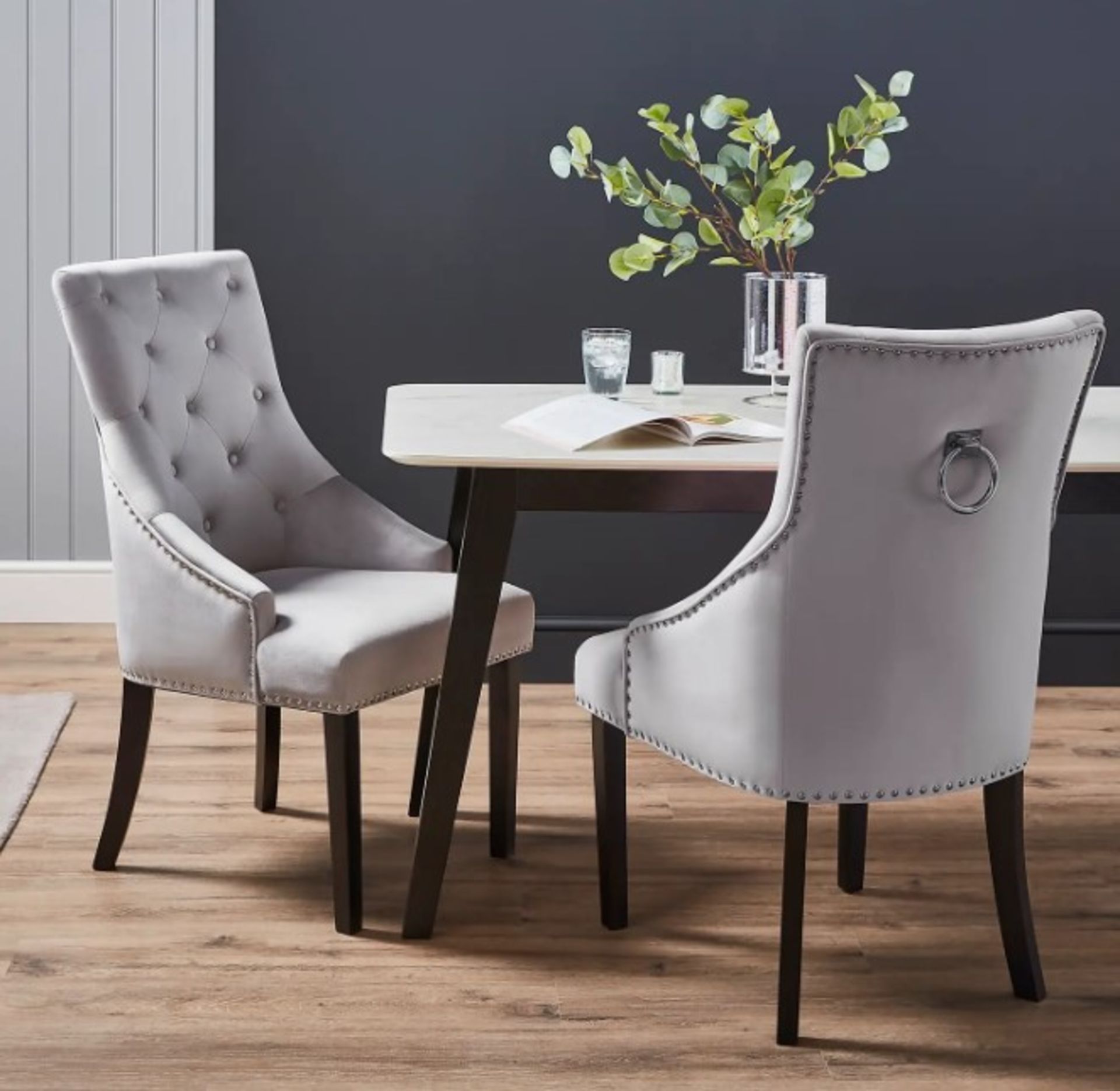 (37/5L) RRP £115. Annabelle Velvet Dining Chair Grey. (H102x W56x D72cm).