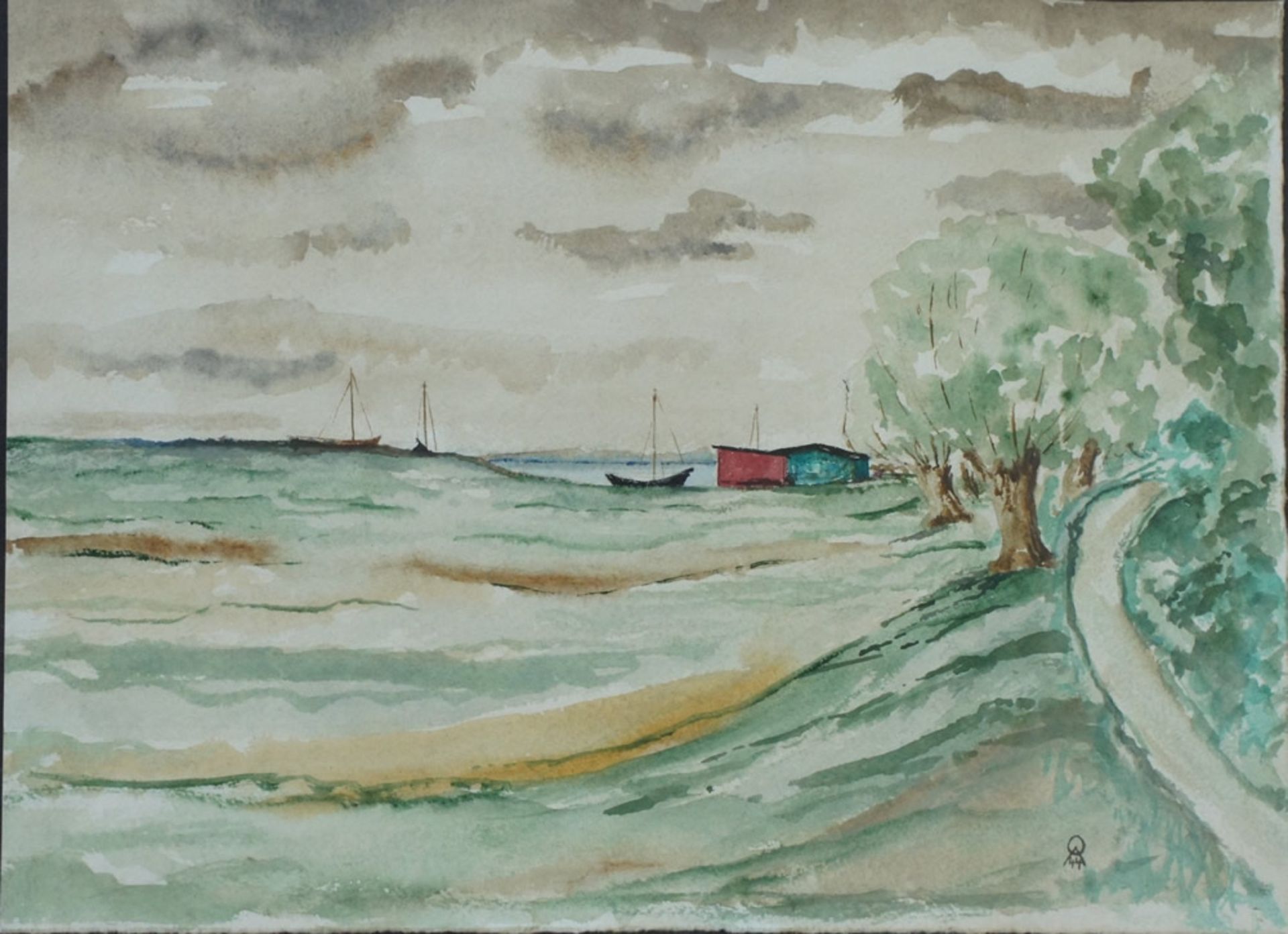 Ortrud Abeking, Fischland, monogr., 27 x 37, Aqua.