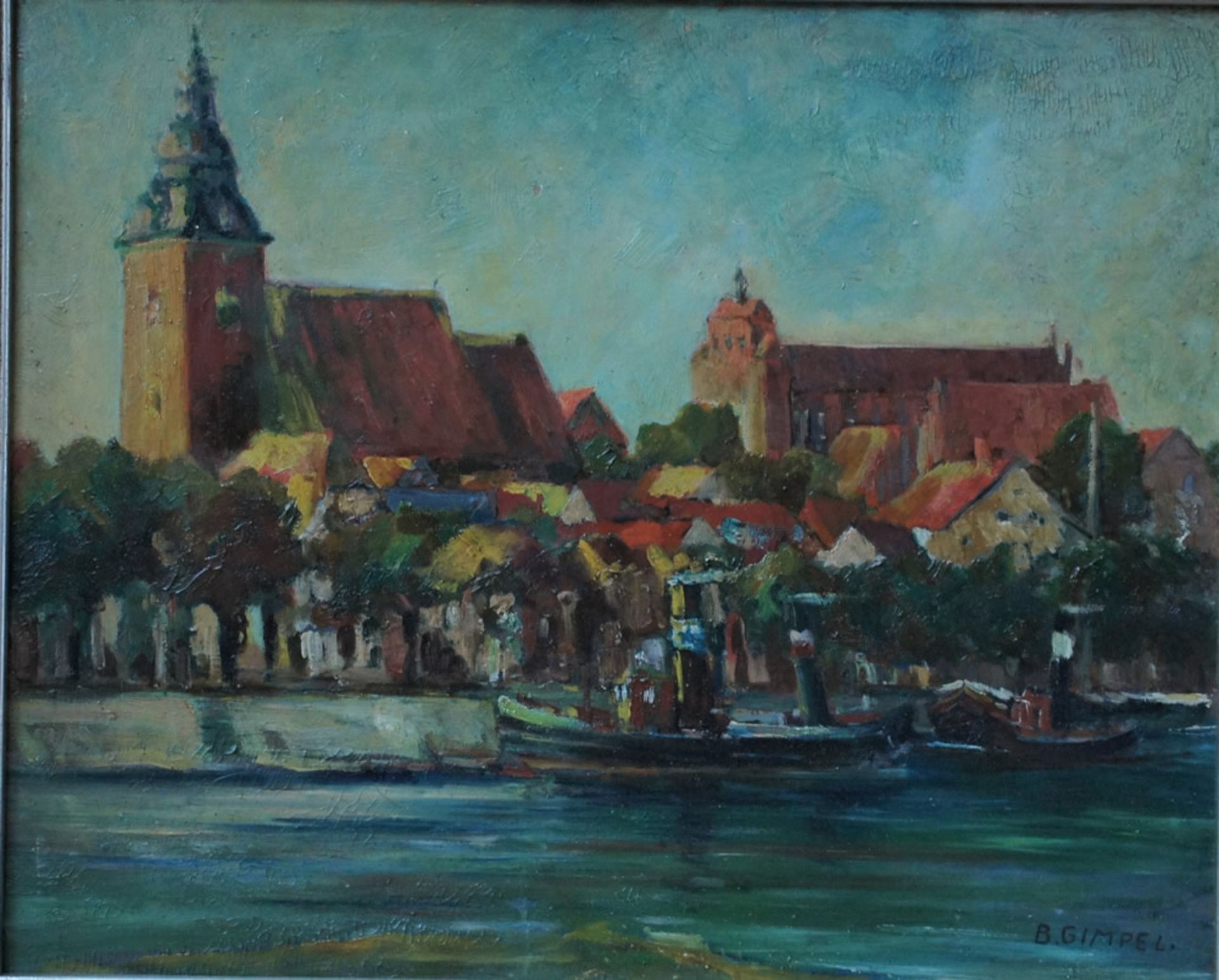 Bruno Gimpel, Schlepper v. d. Stadt, signiert, 48 x 59, Öl