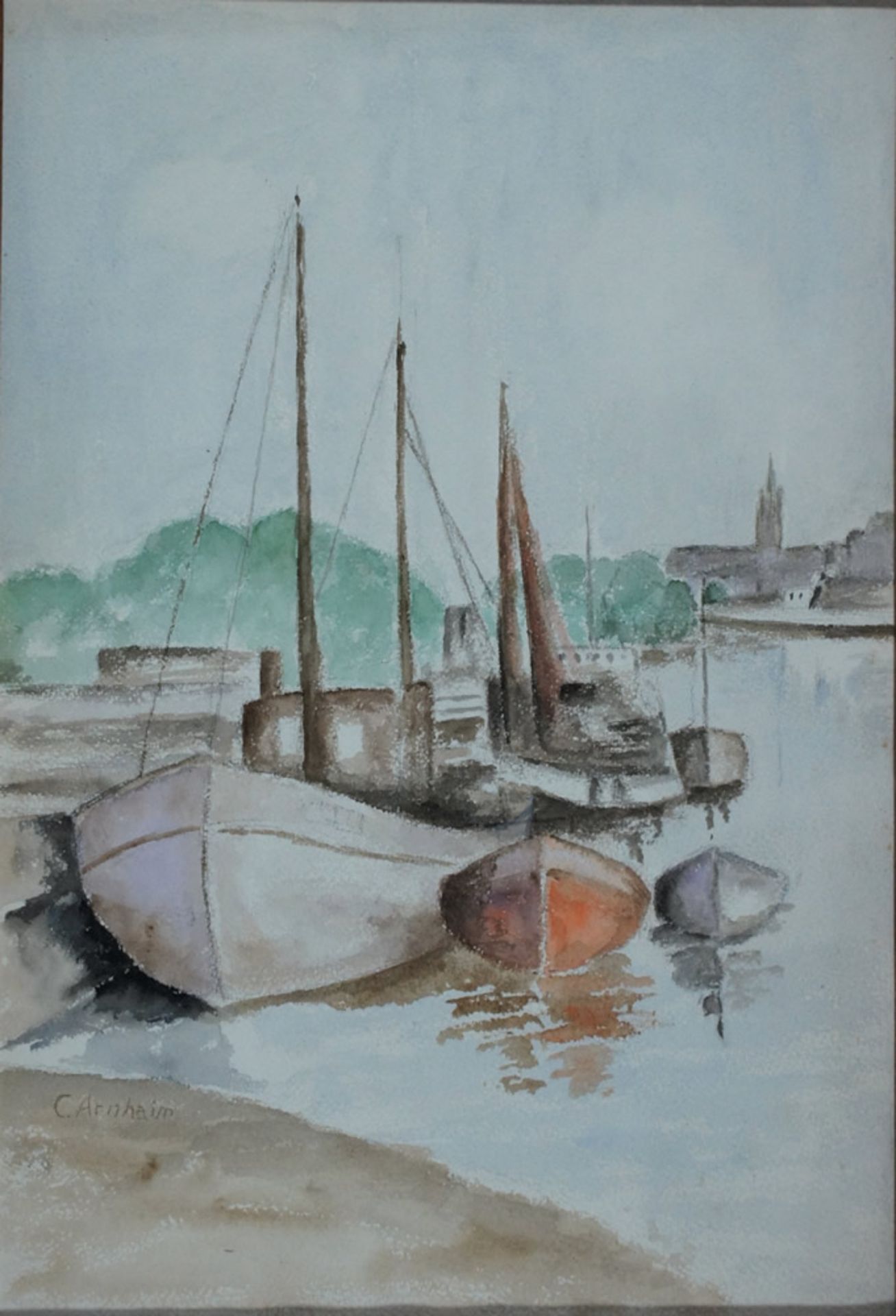 Clara Arnheim, Boote vor Stralsund, sign., 40 x 27, Aquarell