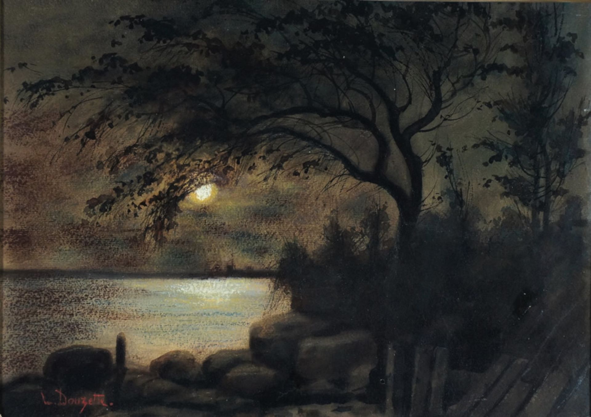 Louis Douzette, Abend am Ufer, sign., 27 x 38, Öl