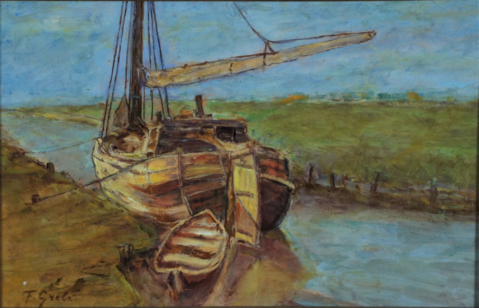 Fritz Grebe, Fischerboot, sign., 16 x 25, Öl