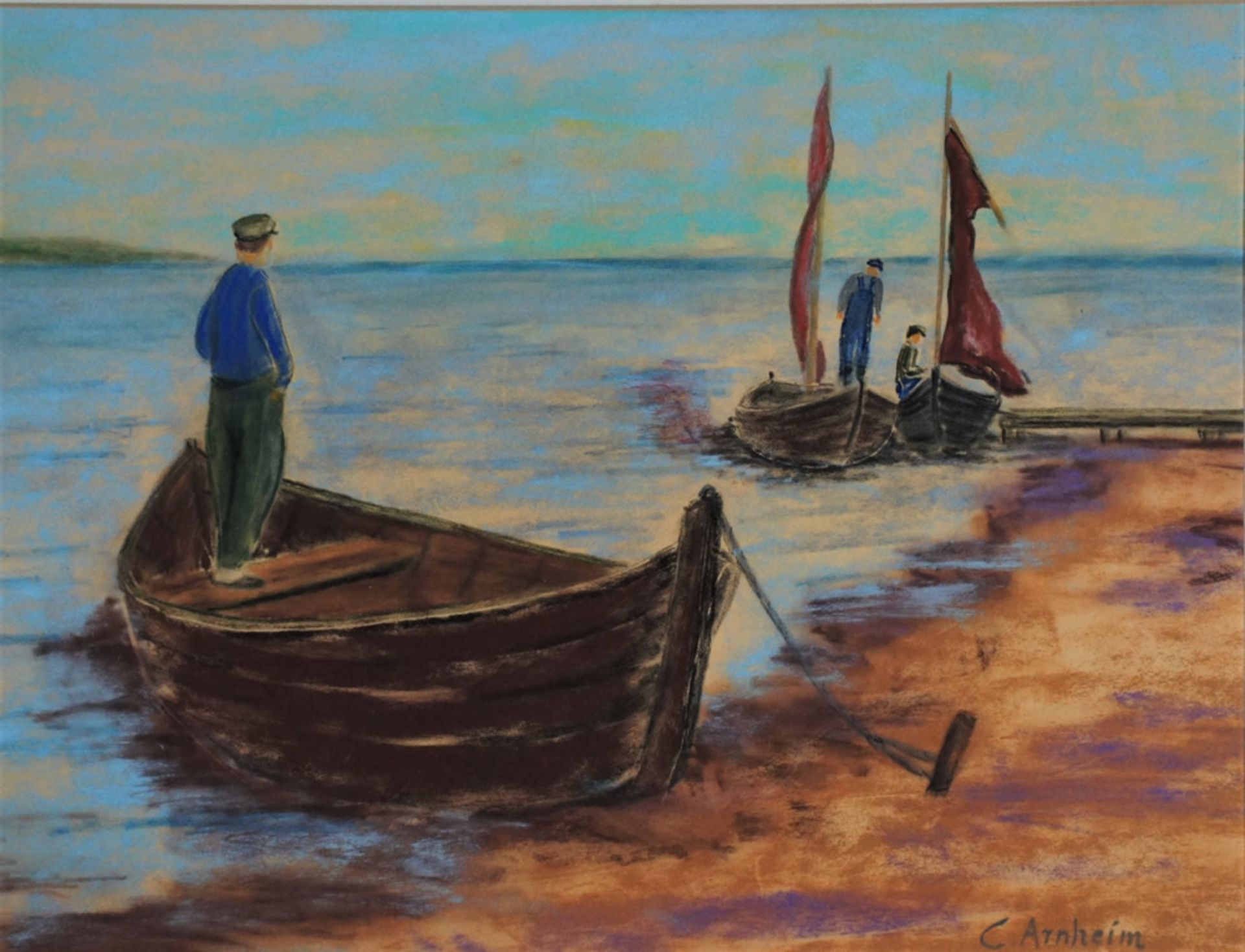 Clara Arnheim, Boote am Strand, signiert, 25 x 33, Pastell