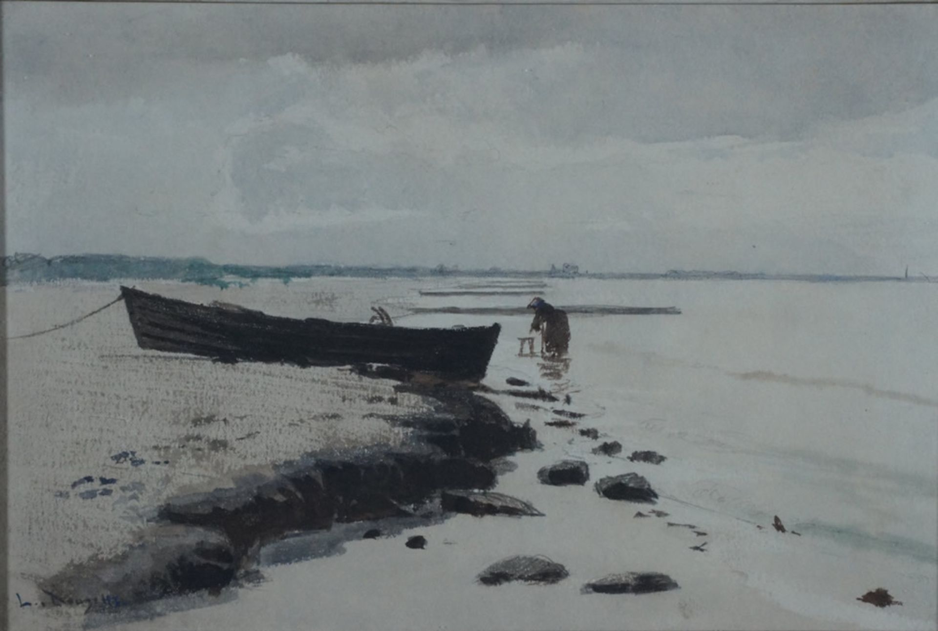 Douzette, Louis, Boot am Strand, Mischt., 17 x 26, sig