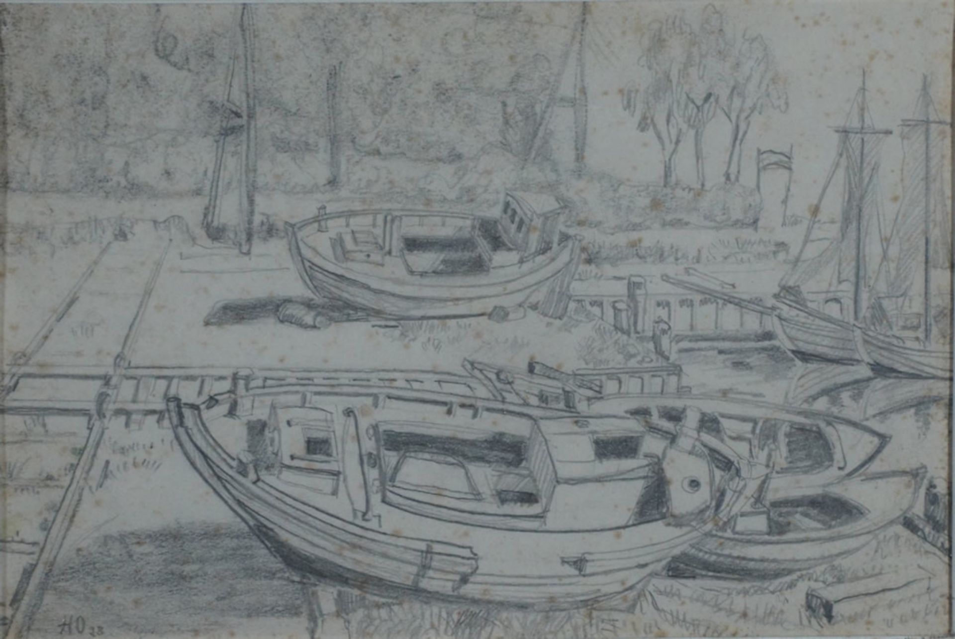 Oberländer, Hans E., Boote am Hafen, Blei, 19 x 29 cm, monogr.