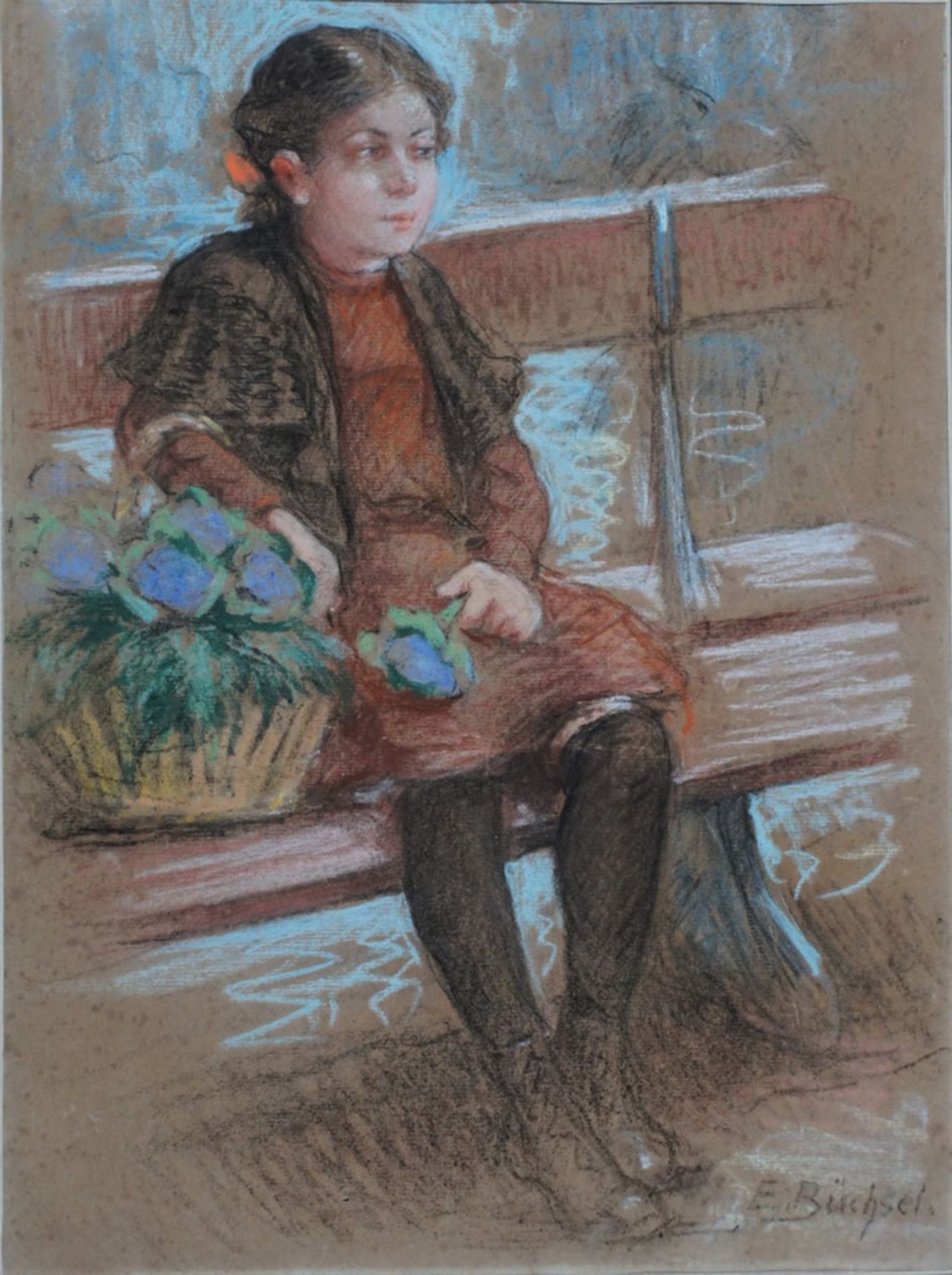 Büchsel, Elisabeth, Mädchen mit Blumenkorb, Pastell, 41 x 31 cm, sign.