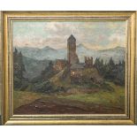 Aller, Carl (1886 - ?), Gebirgslandschaft m. Ansicht einer Wohnburg m. hohem Turm