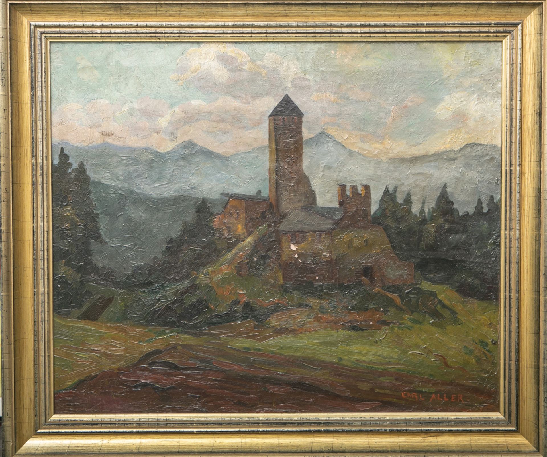 Aller, Carl (1886 - ?), Gebirgslandschaft m. Ansicht einer Wohnburg m. hohem Turm