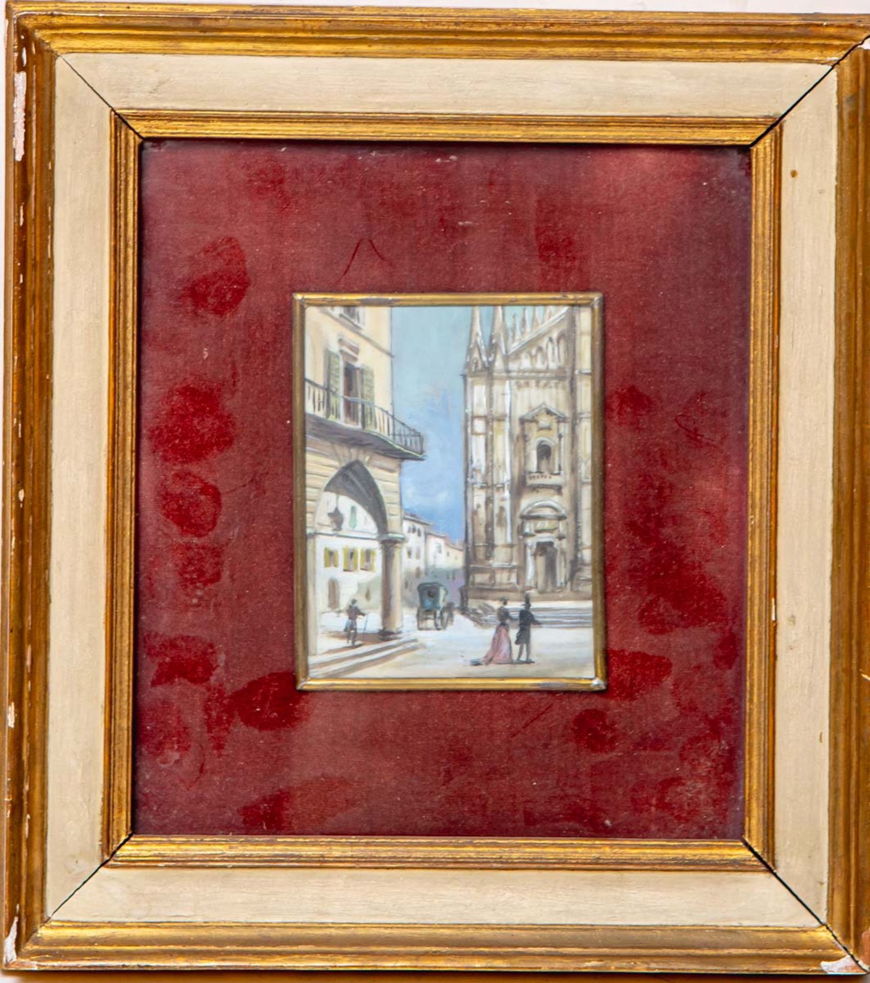 KünstlerIn unbekannt (19. Jh.), Miniaturgemälde m. Flanierszene vor einer Kathedrale