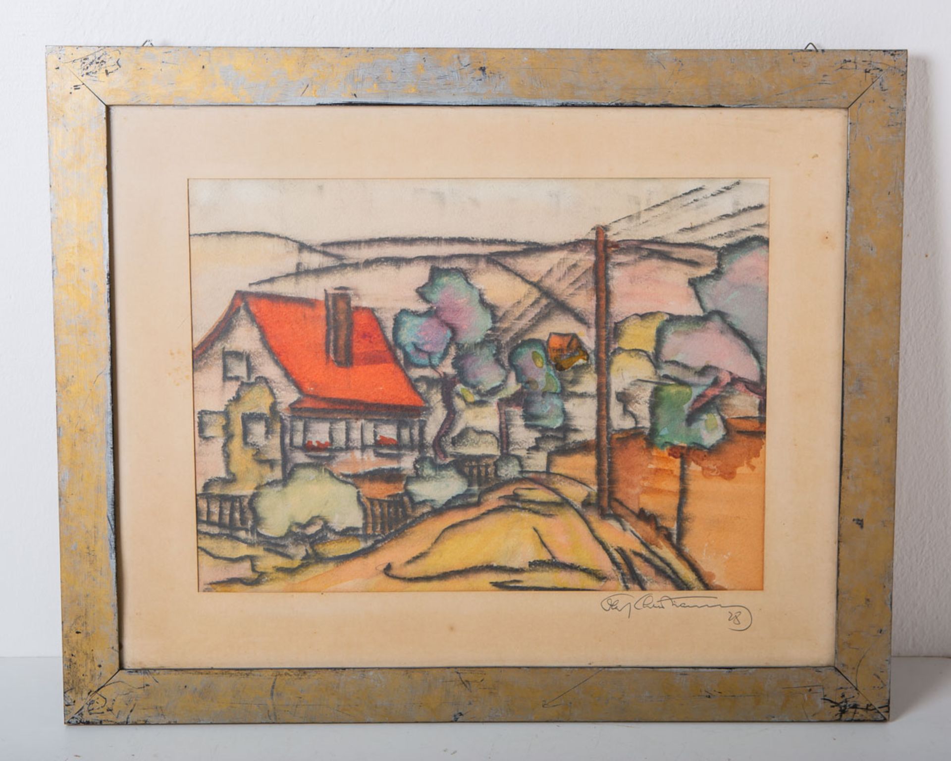 Christiansen, Olaf (1901 - 1990), Abstrakte Dorfszenerie m. Gebirge (1928)