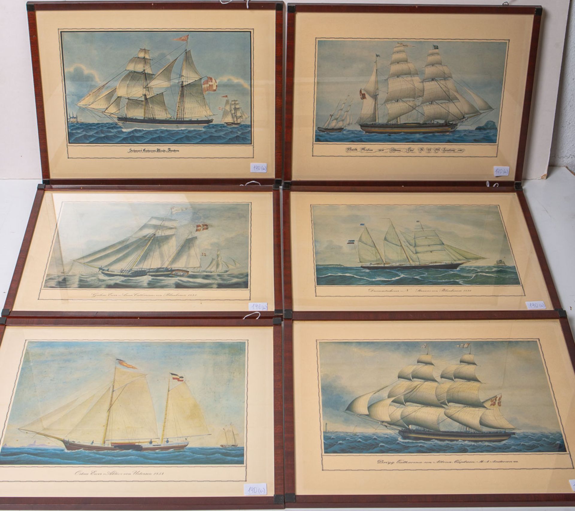 KünstlerIn unbekannt (20. Jh.), 6 dekorative Drucke m. Darstellung von Segelschiffen