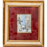 Künstler/in unbekannt (19. Jh.), Miniaturgemälde m. Flanierszene vor einer Kathedrale