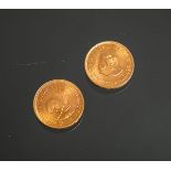 2-teiliges Konvolut von 2 Rand Goldmünzen "Springbock" (Südafrika, 1965)