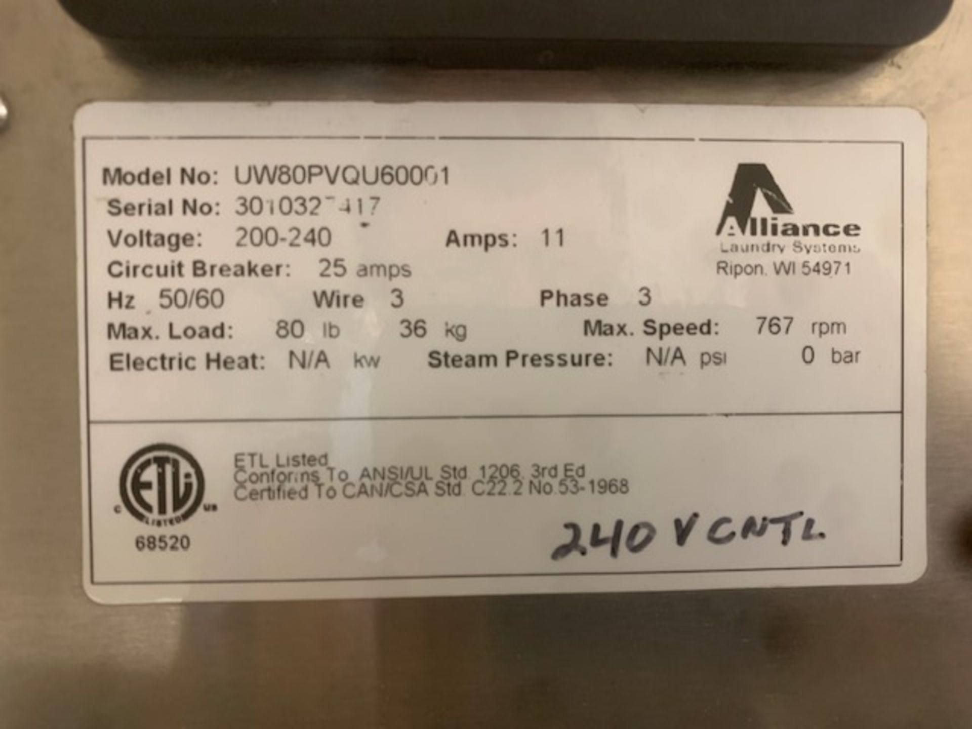 Washing Machine, Commercial MODEL UW80PVQU60001 PHASE Manual included - Image 4 of 4