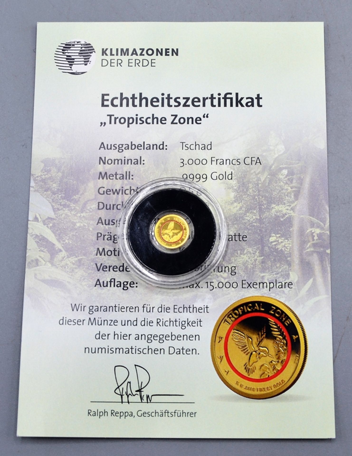 3000 Francs CFA 2017 Tropische Zone Goldmünze 0,5 g 999 Feingold Ø 11 mm, Polierte Platte