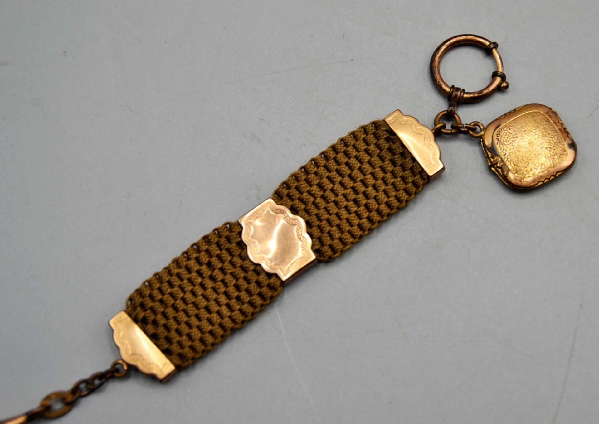Chatelaine Uhrenkette mit geflochtenem Echthaar u. Drusus Damentaschenuhr um 1900, geflochtene Echt - Bild 2 aus 5