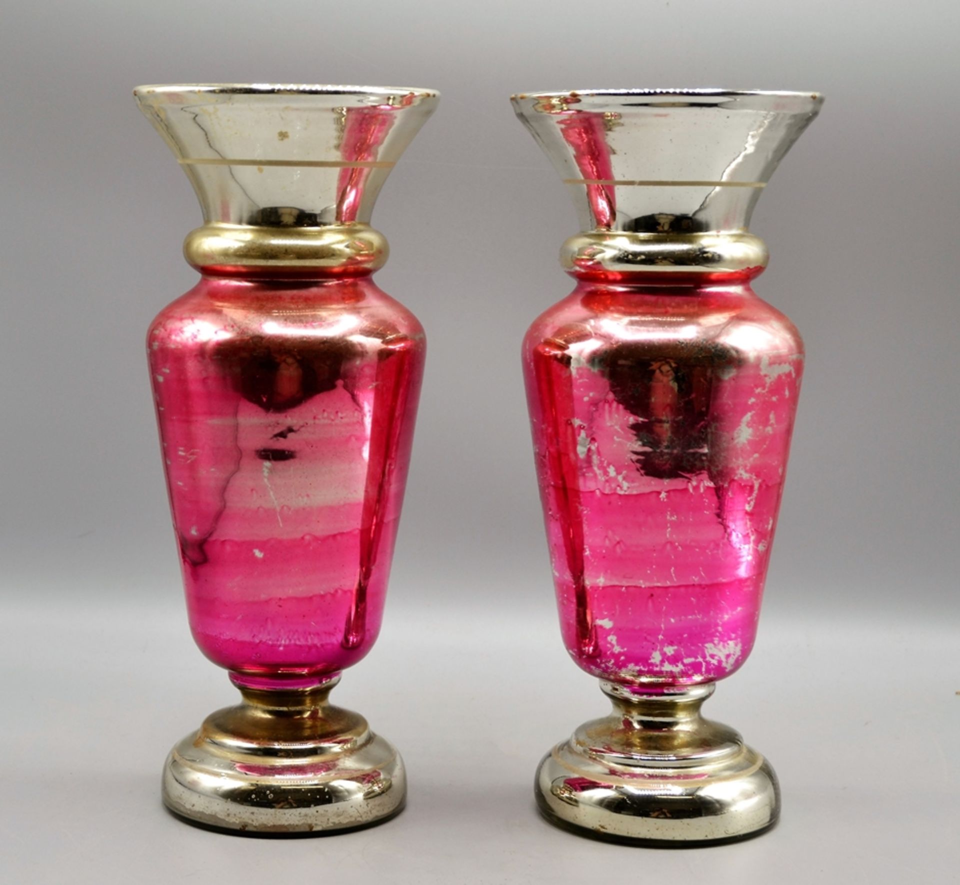 Bauernsilber Vasen Paar rosa, Stoßboden innen für Blumen bei einer Vase beschädigt (von außen nicht - Bild 2 aus 3