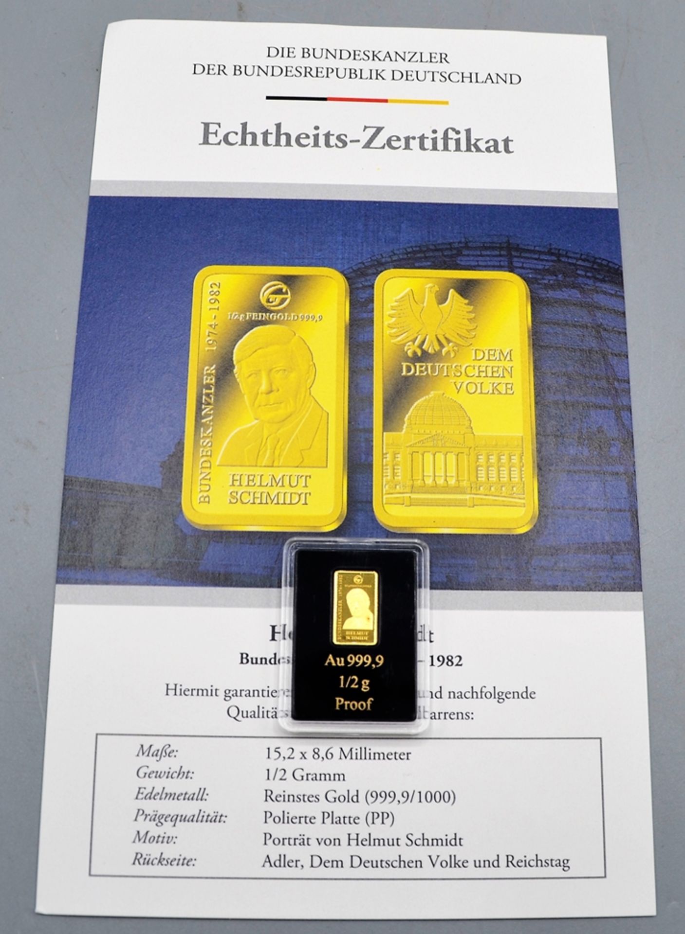 Goldbarren 0,5 g Helmut Schmidt, 15,2 x 8,6 mm, 999 Feingold, Polierte Platte
