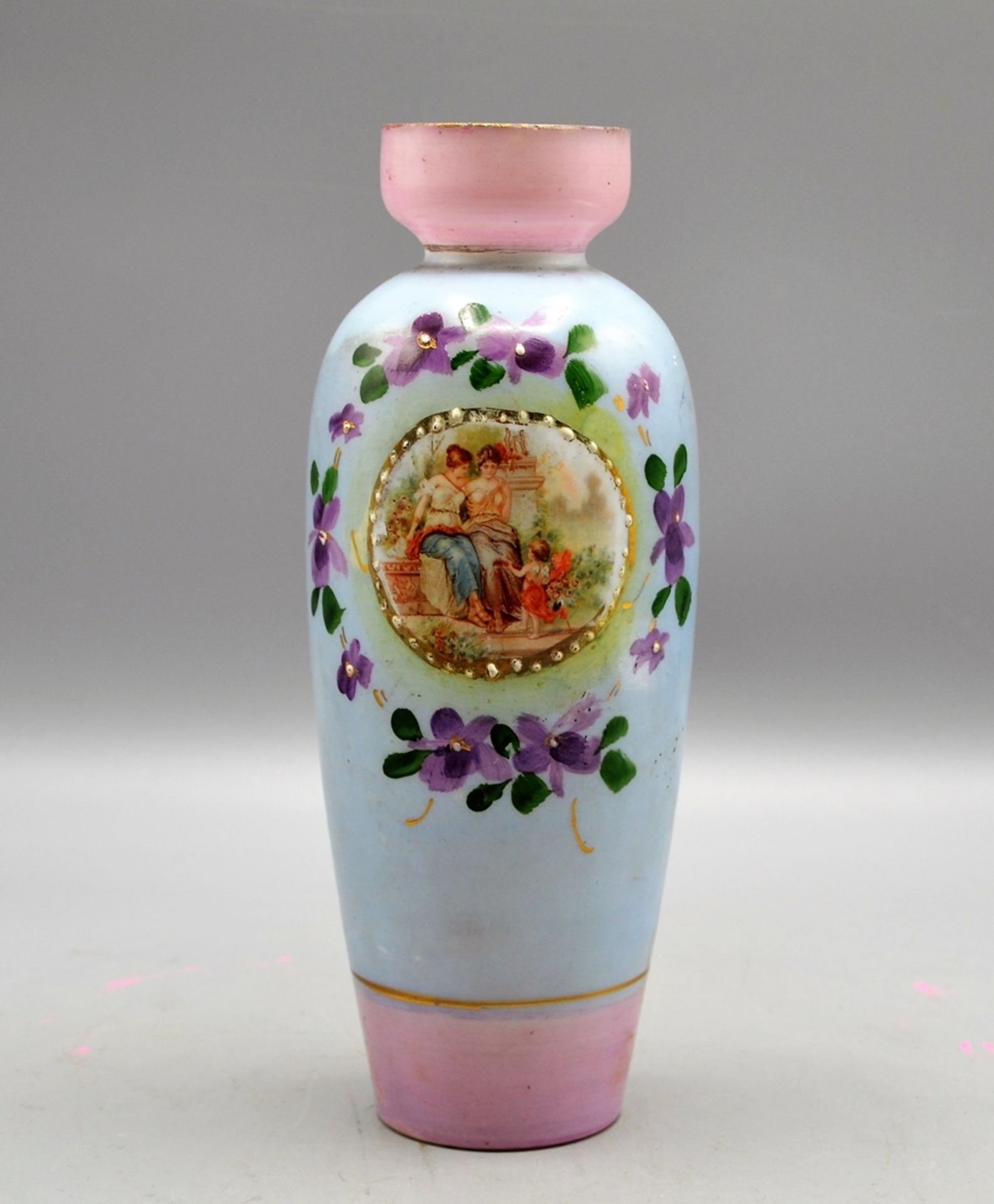 Milchglas Opalglas Vase um 1900, florale Malerei, ca. 21 cm