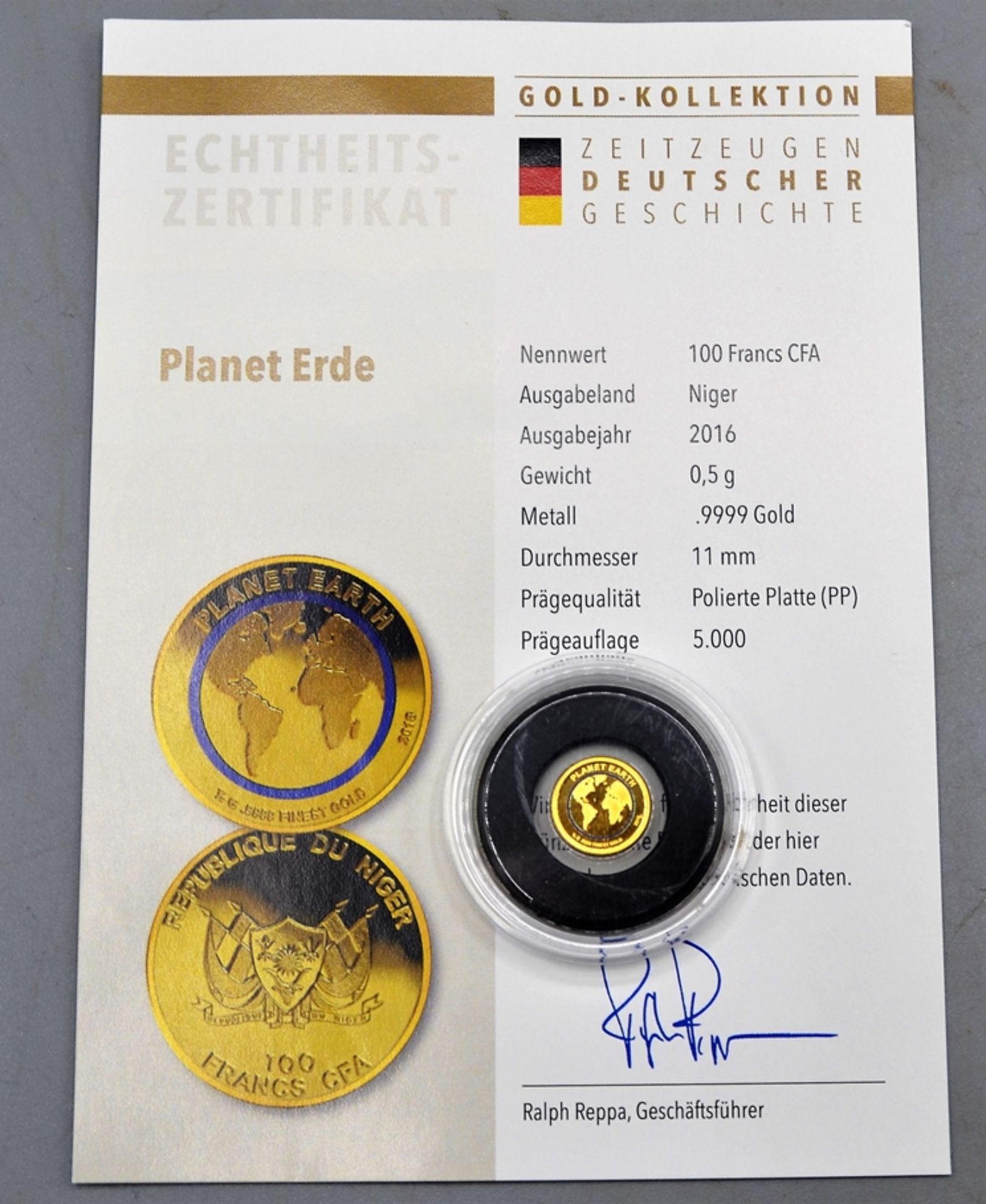 100 Francs CFA 2016 Planet Erde Goldmünze 0,5g 999 Feingold Ø 11 mm, Polierte Platte